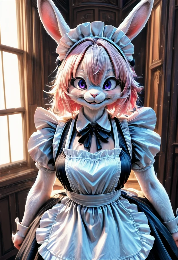 (((masterpiece, best quality, newest, absurdres, highres))),
1girl, solo, solo focus, cowboy shot,
looking at viewer, smile,
CivChan, rabbit, furry female, maid headdress,
indoors,
<segment:face:0.6//cid=11>