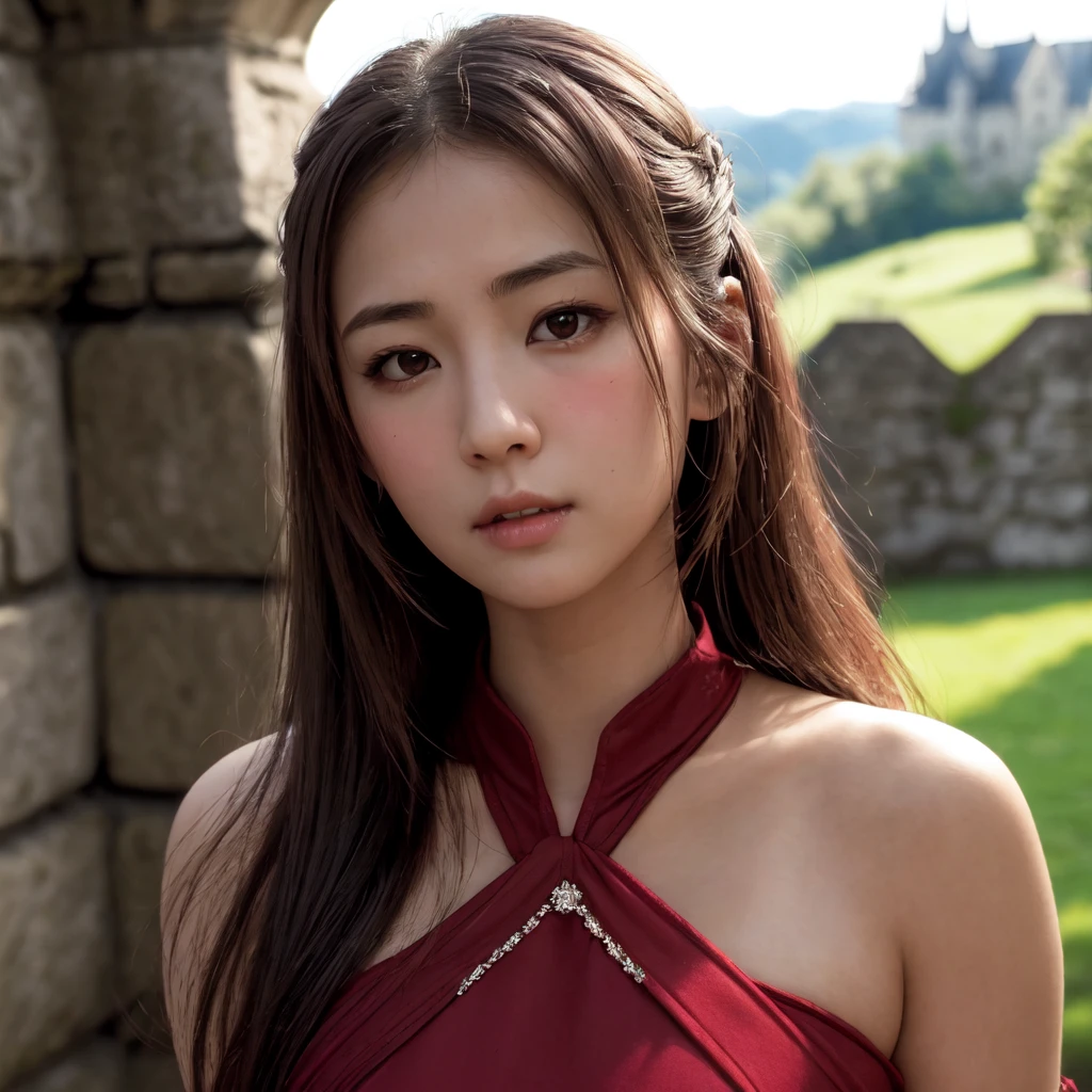 masterpiece, 4k picture, closeup, portrait, elegant green red colored dress, sharp focus, dark atmosphere, grim, gritty, low saturation, inside castle, interior, (stone walls:1.2), hot Japanese woman, fair skin, (horny facial expression:1.1), ahegao, 1girl, solo, princess outfit, medieval times, castle keep, cobblestone walls, (photorealistic face:1.25), blush, heavy blush, petite, natural lighting, bright sunshine,