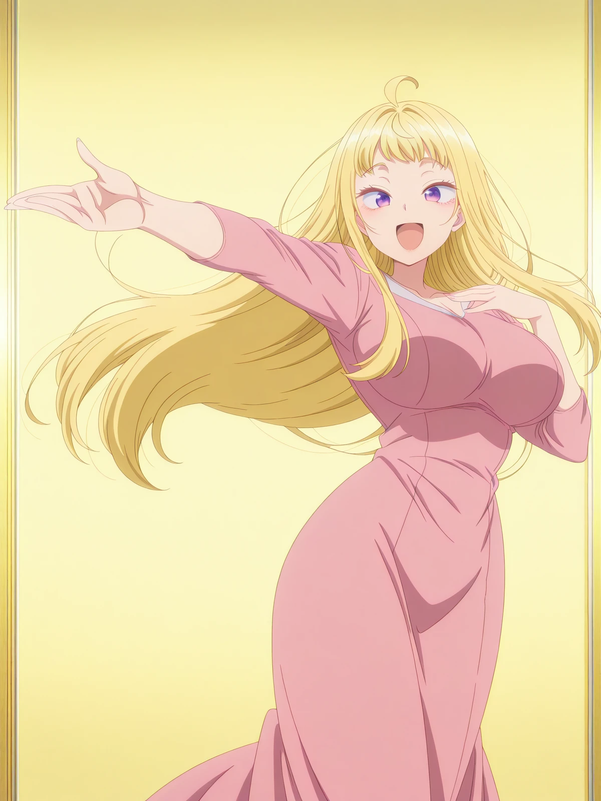 masterpiece, best quality, amazing quality,, <lora:minami-fuyuki-s1-illustriousxl-lora-nochekaiser:1>, minami fuyuki, long hair, blonde hair, purple eyes, ahoge, sidelocks, mature female, large breasts, anime screencap, <lora:curebeauty-pose-illustriousxl-lora-nochekaiser:1>, curebeauty pose, solo, smile, open mouth, standing, :d, outstretched arm, hands up,, , ,