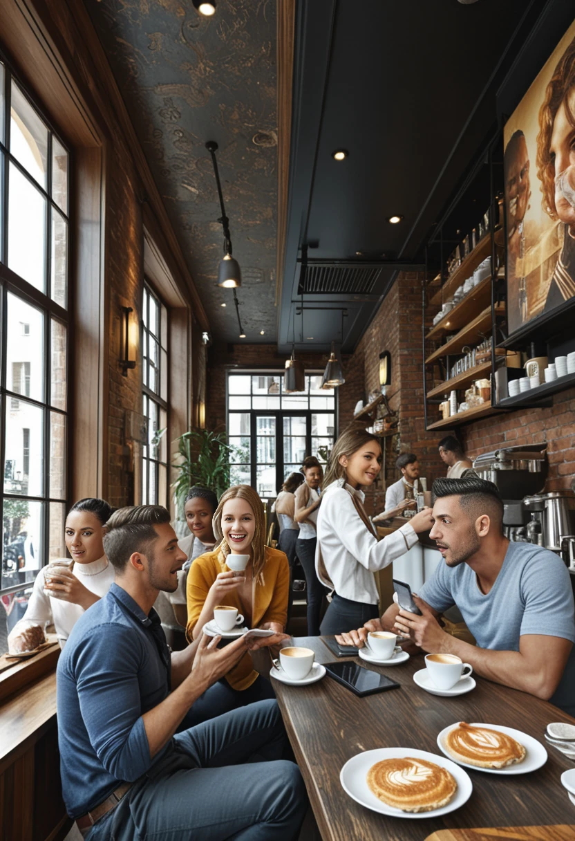core_9, score_8_up, score_7_up, realistic scene of a bustling café with people chatting, high-resolution depiction, natural indoor lighting, detailed expressions and interactions, 8K, hyper-realistic fabrics and faces, masterpiece, best quality, ultra detailed, sharp clarity, atmospheric depth.
