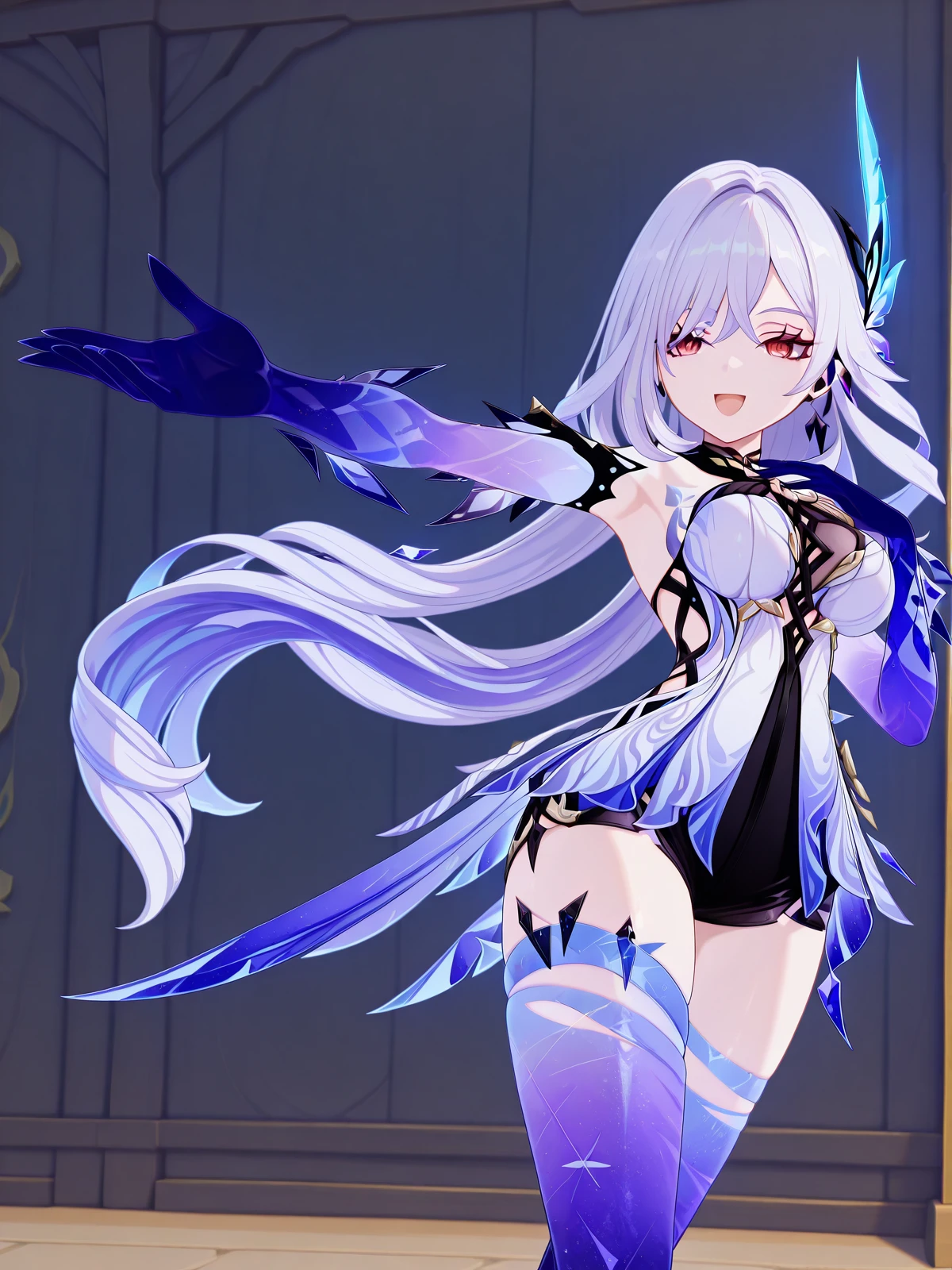 masterpiece, best quality, amazing quality,, <lora:genshin-skirk-ingame-illustriousxl-lora-nochekaiser:1>, skirk, skirt (genshin impact), long hair, bangs, hair ornament, hair between eyes, very long hair, red eyes, white hair, mature female, breasts, 3d,, <lora:curebeauty-pose-illustriousxl-lora-nochekaiser:1>, curebeauty pose, solo, smile, open mouth, standing, :d, outstretched arm, hands up,, , ,