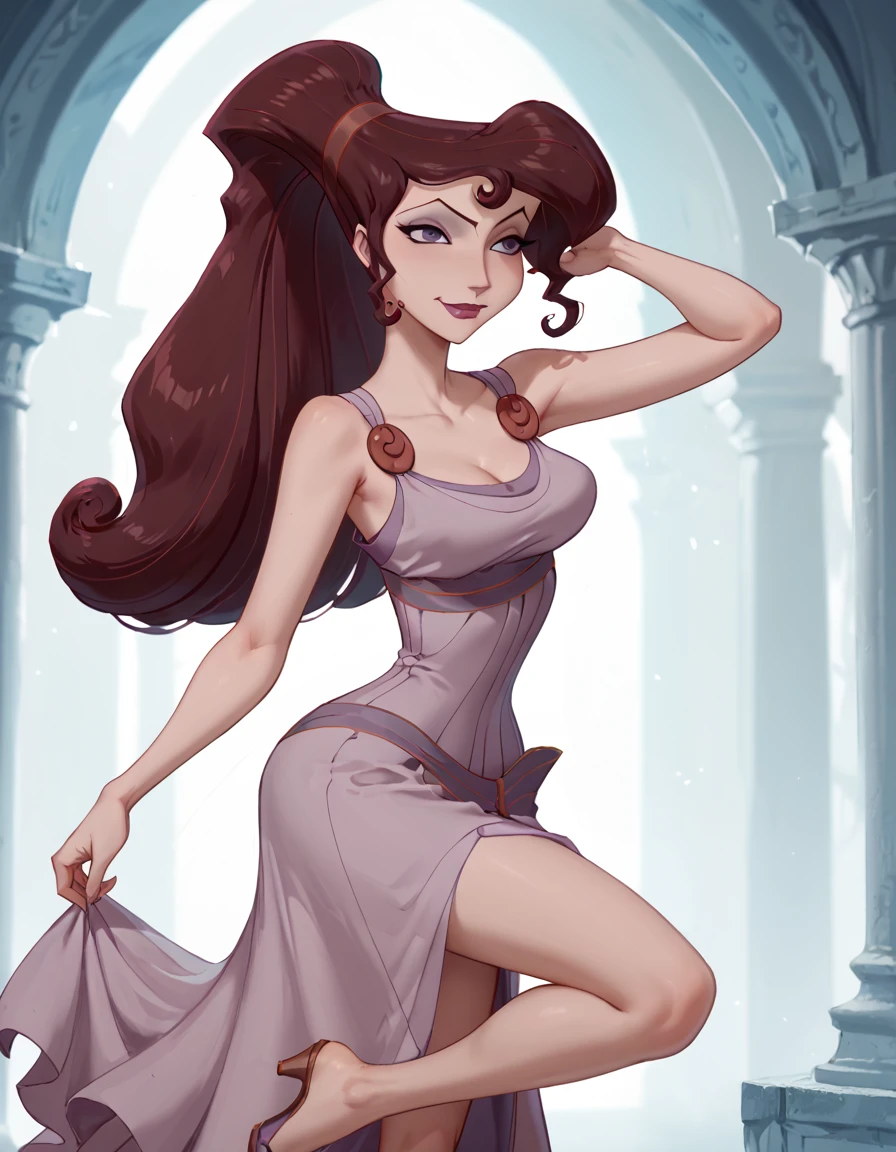 score_9, score_8_up, score_7_up, Hercules_Megara, standing, weight on one leg, casual pose, cheeky smirk