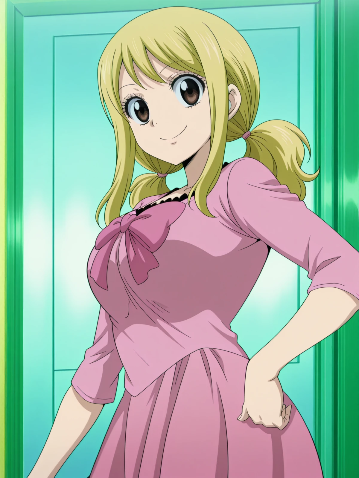 masterpiece, best quality, amazing quality,, <lora:lucy-heartfilia-s1s3s7-illustriousxl-lora-nochekaiser:1>, lucy heartfilia, twintails, low-tied twintails, long hair, blonde hair, brown eyes, mature female, large breasts, anime screencap, <lora:sailormars-pose-illustriousxl-lora-nochekaiser:1>, sailormars pose, solo, looking at viewer, smile, cowboy shot, hand on own hip,, , ,