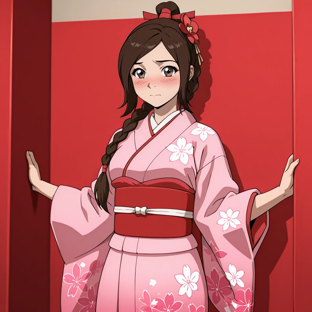 <lora:TyLee_illustrious_v2:1>TyLee, 1girl, braid, brown hair, long hair,  brown eyes, cowboy shot,, japanese clothes, kimono, hair ornament, blush, hair flower, pink kimono, sash, obi, floral print, wide sleeves