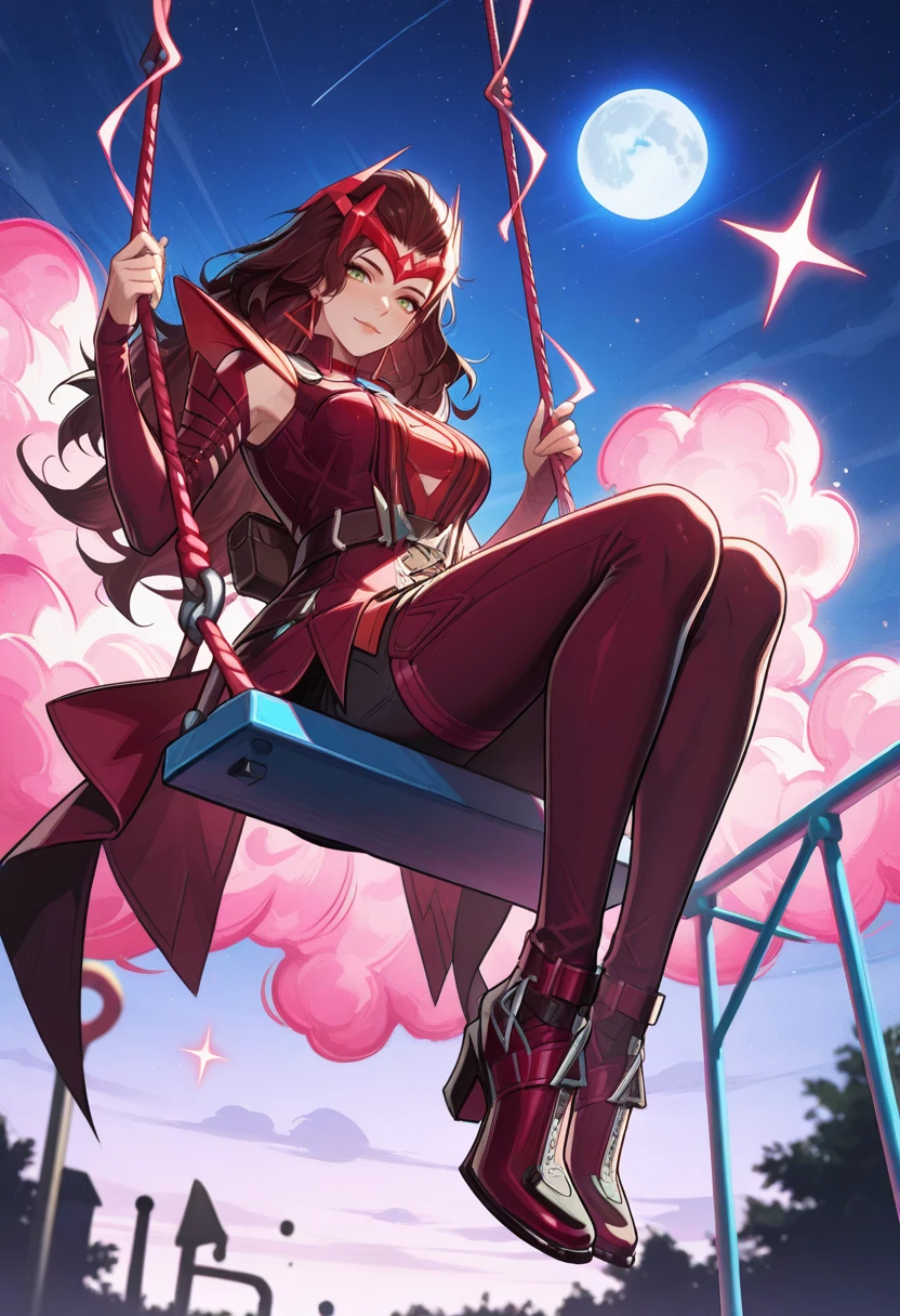 very awa, masterpiece, best quality, absurdres, newest, perfect quality, detailed background, intricate details
<lora:ILMRSc4rl3tW1tch:1>
MRSc4rl3tW1tch, 1girl, long hair, brown hair, green eyes, headpiece, earrings, looking at viewer, soft smile, sitting on a swing, both hands gripping pastel swing ropes, hanging from floating moon, dreamy sky playground, glowing clouds, soft stars, motion blur on ribbons, star-shaped shoes, magical freedom feeling