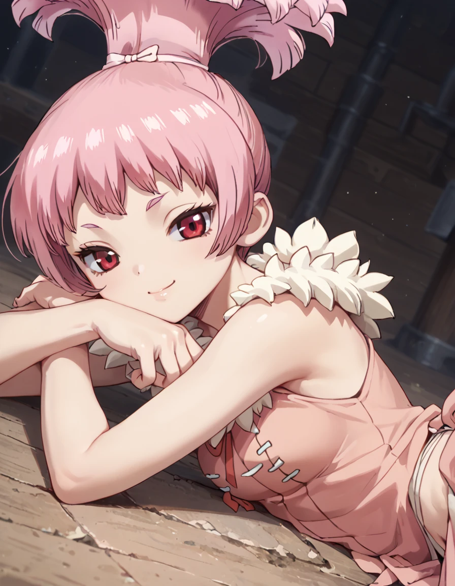 score_9, score_8_up, score_7_up, DrStone_Homura, lying on stomach, head resting on arms, soft smile