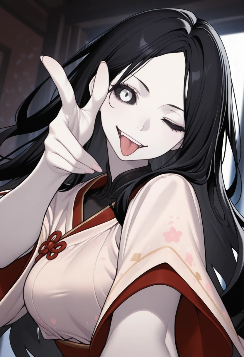 very awa, masterpiece, best quality, absurdres, newest, perfect quality, detailed background, intricate details
<lora:ILSm2Izanami:1.0>
Sm2Izanami, 1girl, black hair, long hair, black sclera, white eyes, pale skin, looking at viewer, tongue out, confident expression, winking, finger gun gesture, pointing at viewer, mischievous smile, tight outfit, playful pose, dynamic angle, bold shadows, dramatic lighting, stylish attitude