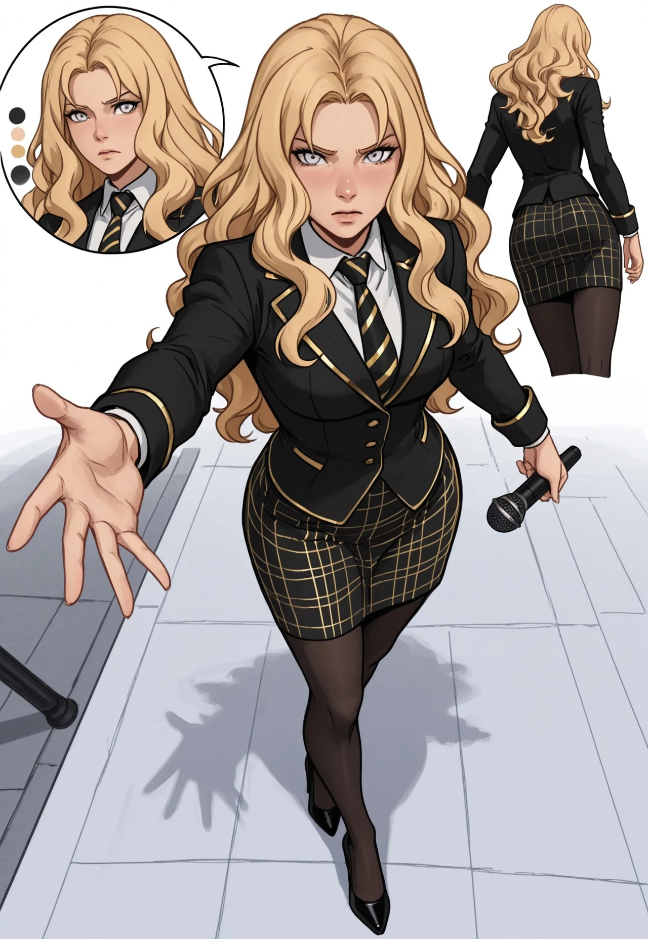 (QUALITY: score_9, score_8_up, score_7_up, score_6_up, high_quality, highres, detailed_eyes, beautiful, detailed, masterpiece, best quality, absurdres, 8k))
(CHARACTER: 1girl, leona eristas, blonde hair, (silver eyes:1.3), long hair, wavy hair)
(EXPRESSION: shy, tsundere, blushing)
(CLOTHING: renisce university uniforms, shirt skirt, white shirt, black blazer, gold trim, black-golden striped tie, black-golden plaid skirt, long black stocking, high heels)
(POSE: (standing tall, public speaking, speaking infront of podium speech, speech, hand on microphone)
(PERSPECTIVE: multiple view, multiple angle:1.5) CharacterDesignIllustrious,, reference sheet, simple white background, (color guide:1.2), (multiple views), (full body), dynamic pose, super dynamic character poses, random poses and angles