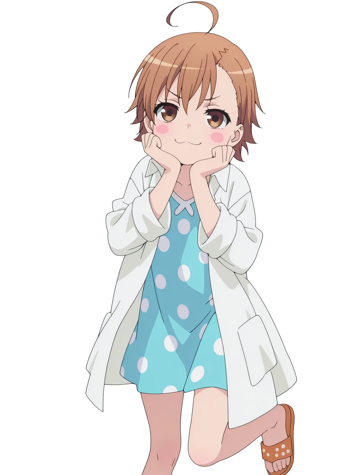 masterpiece, best quality, amazing quality,, <lora:last-order-acc1-illustriousxl-lora-nochekaiser:1>, last order, last order (toaru majutsu no index), short hair, brown hair, brown eyes, ahoge, blush, blush stickers, anime screencap, dress, blue dress, sandals, polka dot, labcoat, polka dot dress,, head rest, smug, minaret, tall, mosque, call_to_prayer, holy, cowboy shot, solo, looking at viewer, <lora:transparent-background-illustriousxl-lora-nochekaiser:1>, transparent background, simple background, white background