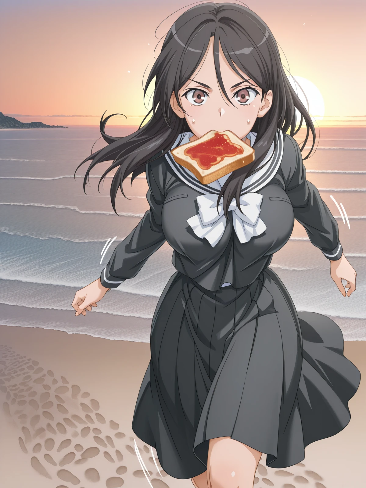 masterpiece, best quality, amazing quality,, <lora:seiri-fukiyose-indexs2-illustriousxl-lora-nochekaiser:1>, seiri fukiyose, long hair, black hair, brown eyes, hair between eyes, mature female, large breasts, anime screencap,, skirt, serafuku, black shirt, black skirt, long sleeves, white bowtie, white sailor collar, <lora:food-in-mouth-running-illustriousxl-lora-nochekaiser:1>, food in mouth running, food in mouth, running, bread, bread slice, food, toast in mouth, toast, sweatdrop, motion lines, motion blur, outdoors, feet out of frame, beach, sunset, walking along shore, footprints in sand, waves, peaceful, cowboy shot, solo, looking at viewer, <lora:transparent-background-illustriousxl-lora-nochekaiser:1>, transparent background, simple background, white background