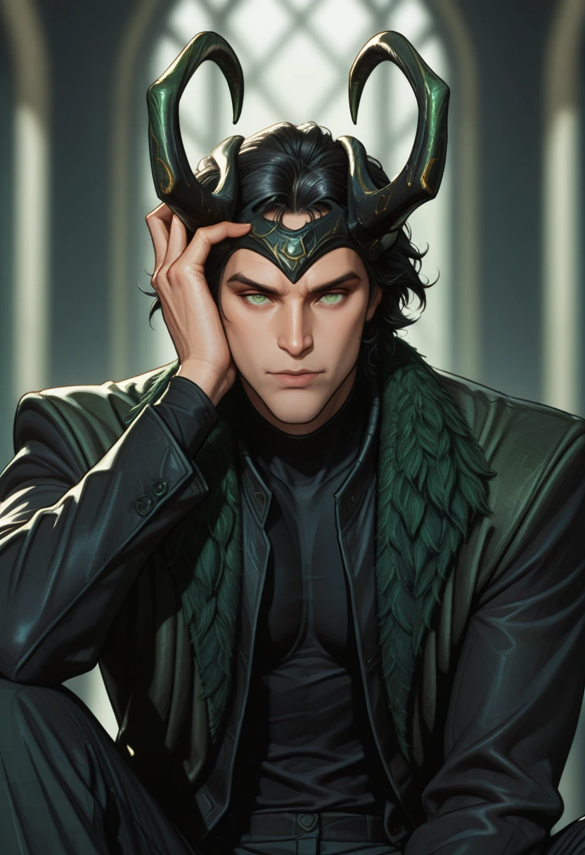 very awa, masterpiece, best quality, absurdres, newest, perfect quality, detailed background, intricate details
<lora:ILMRL0k1:1.0>
MRL0k1, 1boy, male focus, headpiece, crown, horns, green eyes, short hair, black hair, looking at viewer, male focus, jacket, black shirt, blurry background, open clothes, upper body, sitting, hand on own head, long sleeves