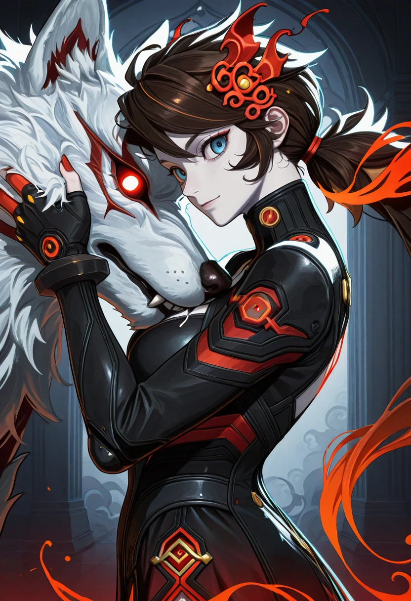 very awa, masterpiece, best quality, absurdres, newest, perfect quality, detailed background, intricate details, solo,
<lora:ILMRP3n1P4rk3r:1.0>
MRP3n1P4rk3r, 1girl, brown hair, low ponytail, twin ponytail, hair ornament, red streaks, blue eyes, looking at viewer, side view, pale skin, flowing black and red dress, gold accents, embracing white wolf, glowing red wolf eyes, swirling fur, ethereal tendrils, misty background, dark tones, soft smoke, gothic atmosphere, haunting setting