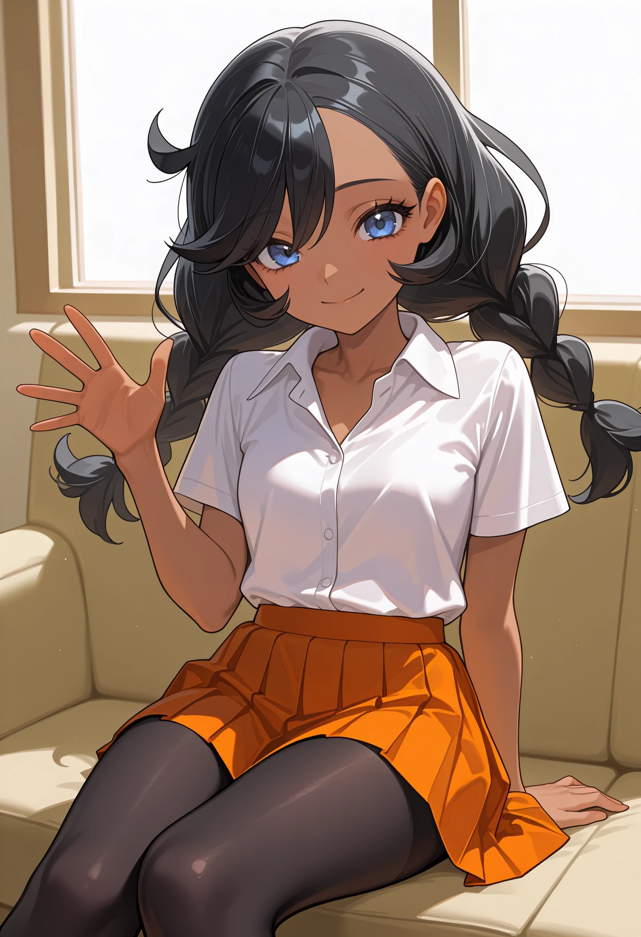 newest, feet out of frame, solo, 1girl, dark-skinned female, smile, looking at viewer, sitting, on couch, arm support, waving, hand up, long hair, black hair, twin braids, blue eyes, eyelashes, white shirt, collared shirt, short sleeves, orange skirt, pleated skirt, black pantyhose, indoors, living room, window
<segment:yolo-Anzhc Face seg 640 v3 y11n.pt,0.5,0.5//cid=11>