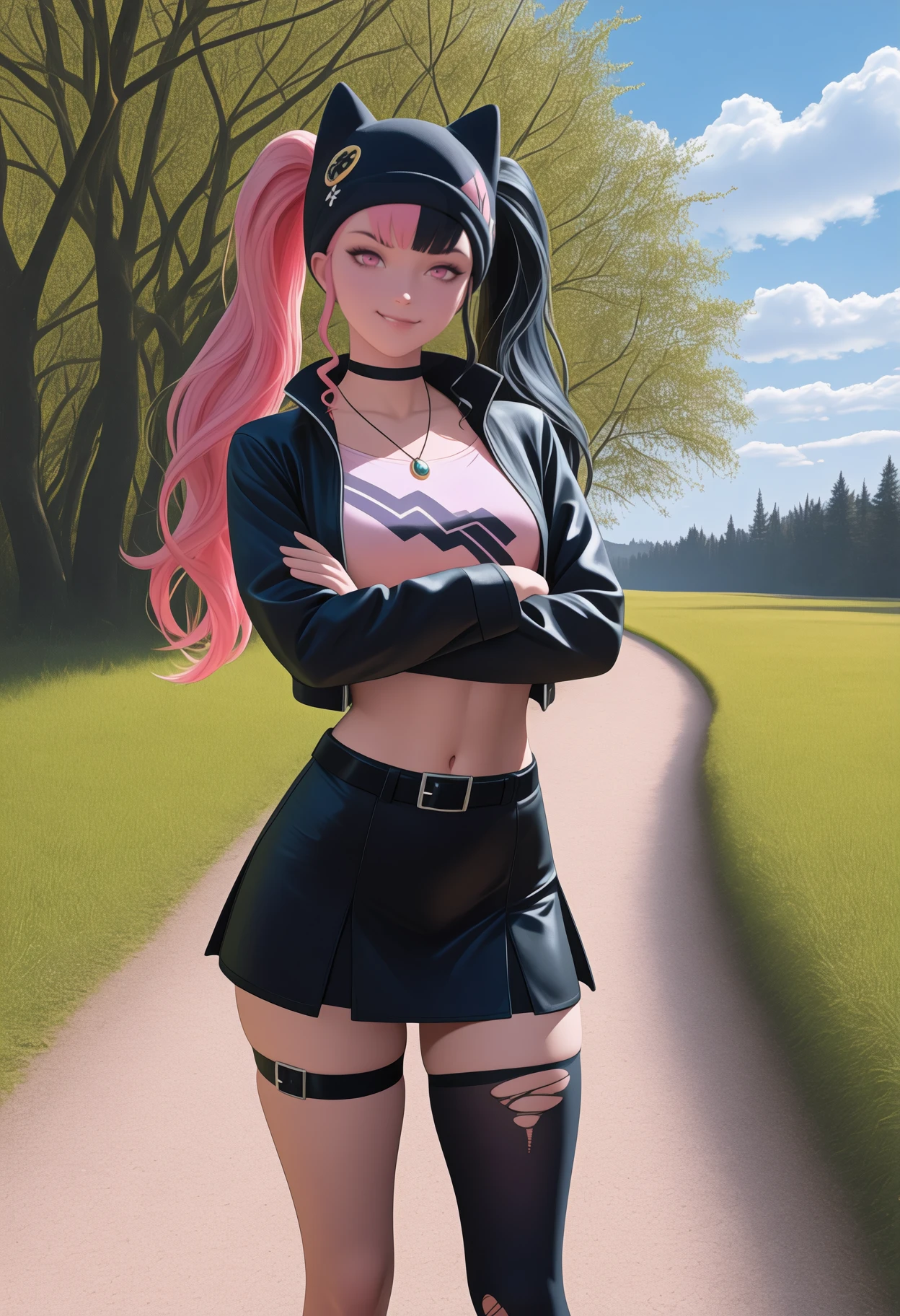 newest, solo, 1girl, smirk, looking at viewer, standing, crossed arms, long hair, split-color hair, black hair, pink hair, twintails, black headwear, animal ear headwear, beanie, pink eyes, black jacket, open jacket, long sleeves, pink shirt, cropped shirt, black skirt, miniskirt, black belt, thigh strap, black thighhighs, single thighhigh, torn thighhighs, black choker, necklace, navel, outdoors, blue sky, cloud, grass, path, tree, flower
<segment:yolo-Anzhc Face seg 640 v3 y11n.pt,0.5,0.5//cid=11>
