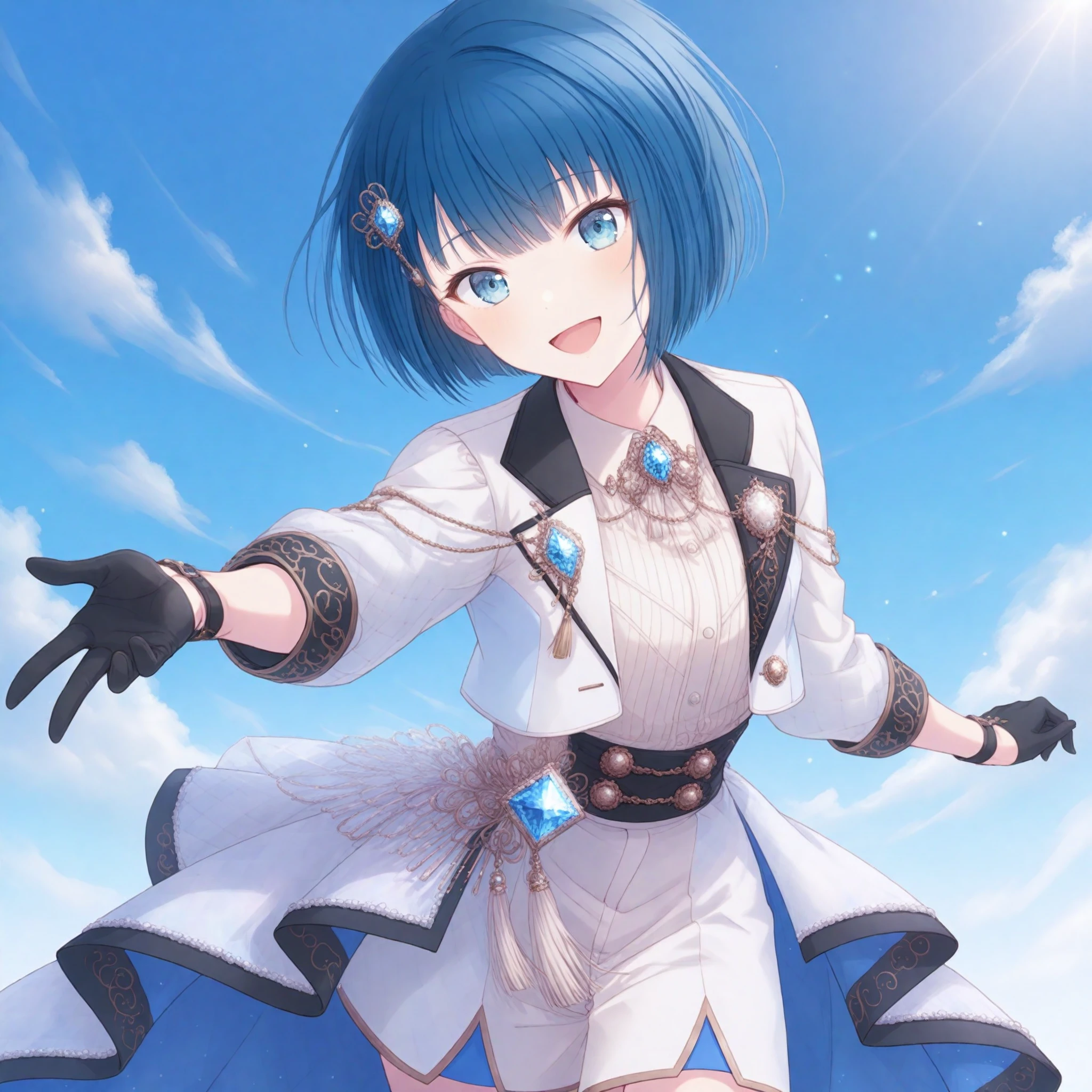 1girl, kiritani haruka, project sekai, solo,
radiantgen, blue eyes, four fingers and thumb, :D,
(looking at viewer:1.2), walking, leaning forward, reaching forward, cowboy shot,
black gloves, white shorts, shorts, white shirt, white jacket, hair ornament, collared shirt, brooch, open jacket, gem, blue gemstone, sleeves past elbows, dress shirt, tassel, cropped jacket, half gloves, notched lapels, black lapels,
day, sunlight, beautiful blue sky,
nijistyle, masterpiece, best quality, amazing quality, very aesthetic,
<lora:hand 5.5:1>, <lora:ObIL-style-nijistyle02:0.7>, <lora:ObIL-style-JWST02:0.3>,
<lora:ObIL-mmj-TeamMateHr01:0.7>
