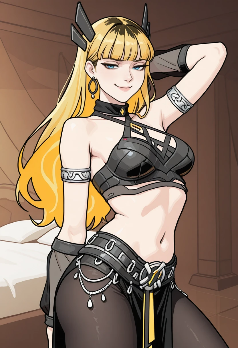 very awa, masterpiece, best quality, absurdres, newest, perfect quality, detailed background, intricate details
<lora:ILMRM4gik:1>
MRM4gik, 1girl, long hair, blonde hair, multicolored hair, blunt bangs, blue eyes, hair ornament, looking at viewer, smug face, best , dancer outfit, dancer, arabic dancer, bedroom