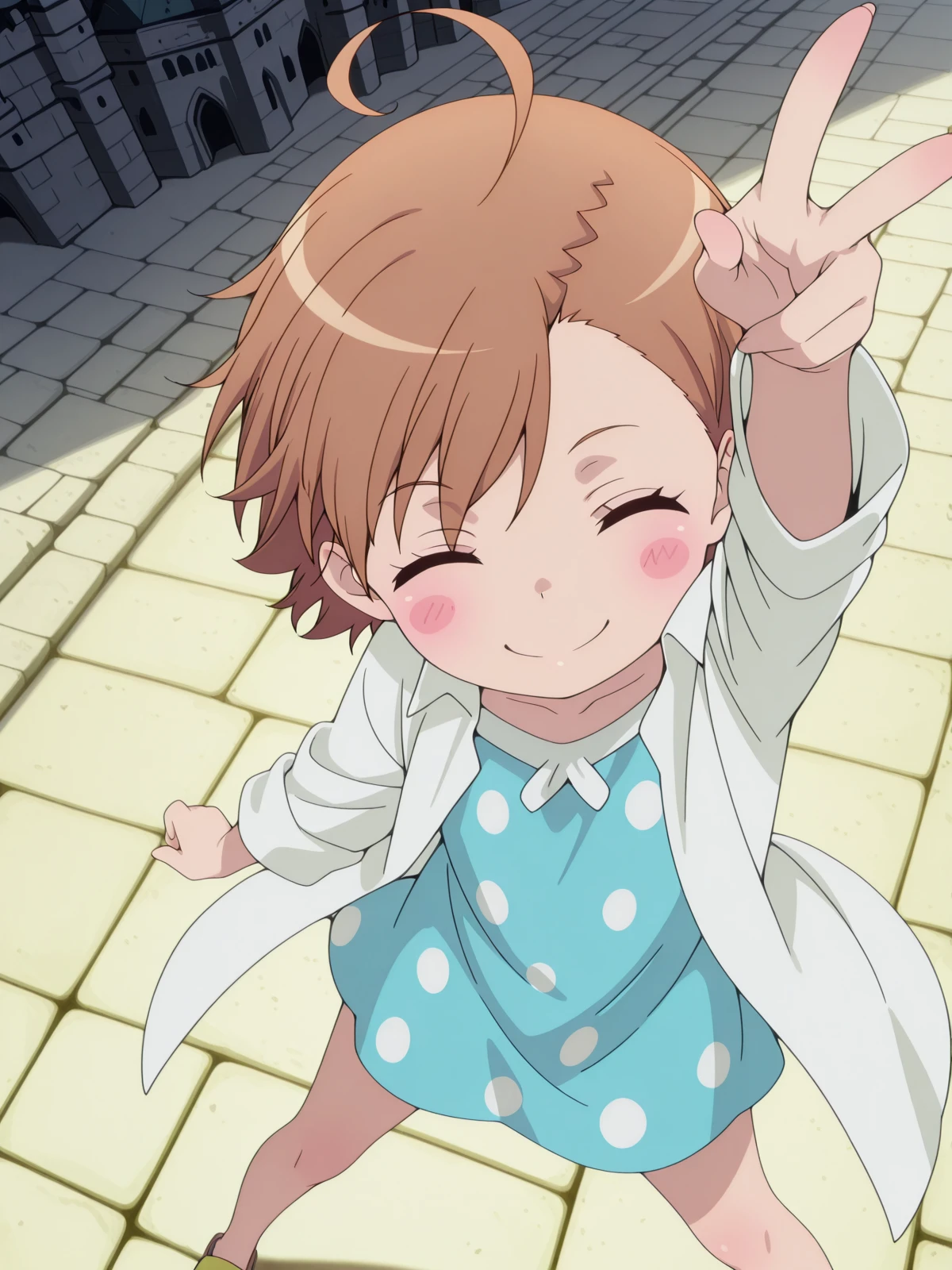 masterpiece, best quality, amazing quality,, <lora:last-order-acc1-illustriousxl-lora-nochekaiser:1>, last order, last order (toaru majutsu no index), short hair, brown hair, brown eyes, ahoge, blush, blush stickers, anime screencap, dress, blue dress, sandals, polka dot, labcoat, polka dot dress,, <lora:charizard-pose-illustriousxl-lora-nochekaiser:1>, charizardpose, solo, blush, closed mouth, standing, closed eyes, arm up, foreshortening, v, from above, legs apart, smile, looking to the side,, castle, stone, towers, medieval, royalty, cowboy shot, solo, looking at viewer,