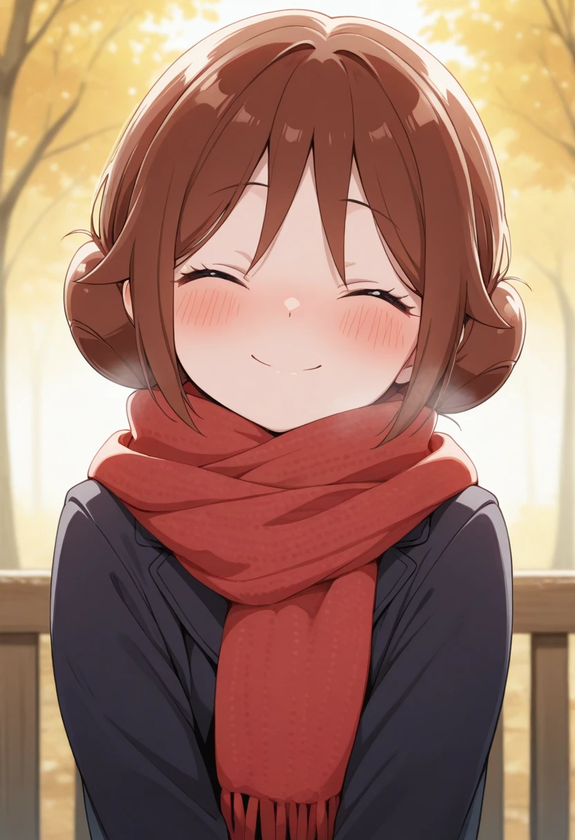 masterpiece,best quality,amazing quality, yuzuki tachibana, 1girl, solo, blush, smile, short hair, brown hair, closed mouth, closed eyes, hair bun, scarf, double bun, ^_^, red scarf