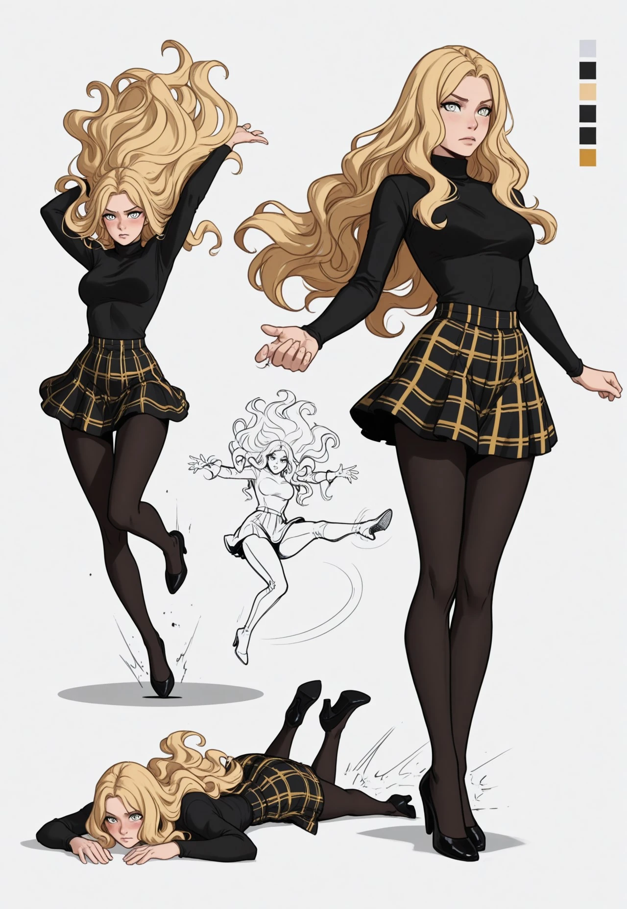 (QUALITY: score_9, score_8_up, score_7_up, score_6_up, high_quality, highres, detailed_eyes, beautiful, detailed, masterpiece, best quality, absurdres, 8k))
(CHARACTER: 1girl, leona eristas, blonde hair, (silver eyes:1.3), long hair, wavy hair)
(EXPRESSION: shy, tsundere, blushing)
(CLOTHING: white turtleneck, golden-black plaid skirt, long black stocking, black high heels)
(POSE: standing, jumping, laying, crotching, prone, very dynamic pose for character sheets:1.4)
(PERSPECTIVE: multiple view), CharacterDesignIllustrious,, reference sheet, simple white background, (color guide:1.2), (multiple views), (full body), dynamic pose, super dynamic character poses, random poses and angles
