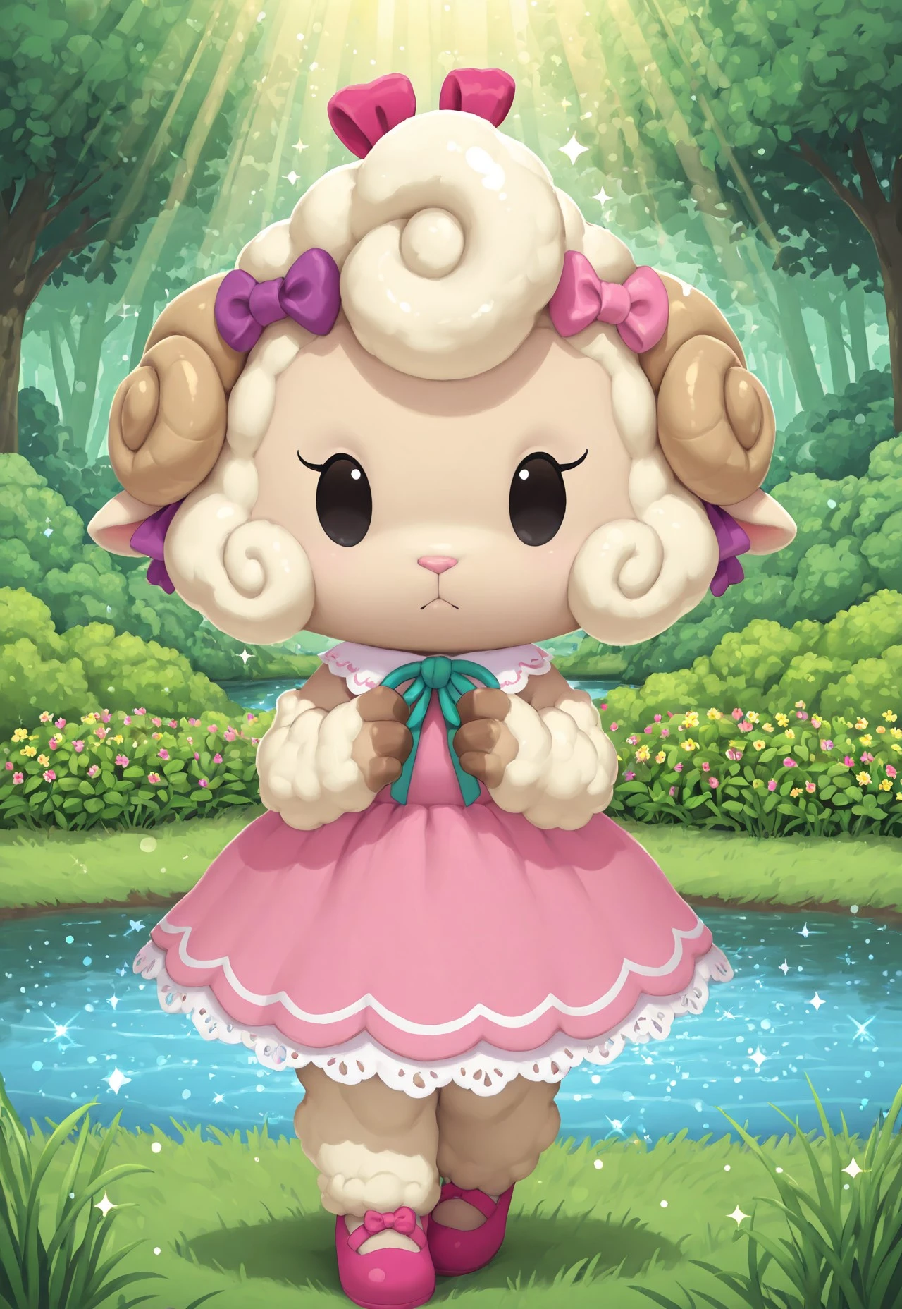 (cutecore, kawaiicore) 1girl, (anthro, furry, furry female) lulubelle, sheep, (light skin, cream fur, bodyfur), light brown sheep horns, hot pink nose, short hair, curly hair, cream hair, big eyes, dot eyes, black eyes, curled eyelashes, hot pink strapless sleeveless dress, white trim, (white trim on hot pink strapless sleeveless dress), white lace-trimmed peter pan collar, aqua thin ribbon, cream fur_trim, bows, too many bows, pink bows, purple bows, blue bow, hair ribbons, hair bow, hot pink shoes, ((verdant greenery, trees, lush bushes, grass, grassy lawn, wildflowers, water, lake, sunlight, sun rays, hearts, sparkles, glitter))