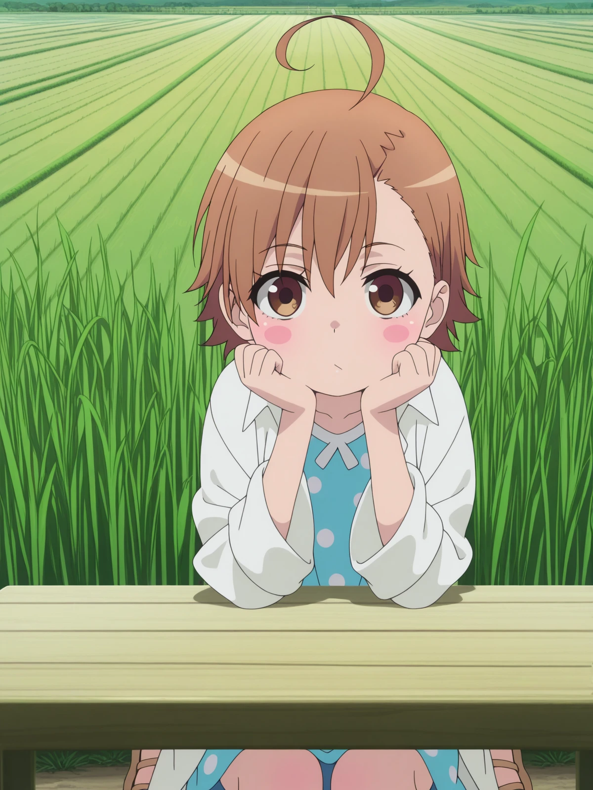 masterpiece, best quality, amazing quality,, <lora:last-order-acc1-illustriousxl-lora-nochekaiser:1>, last order, last order (toaru majutsu no index), short hair, brown hair, brown eyes, ahoge, blush, blush stickers, anime screencap, dress, blue dress, sandals, polka dot, labcoat, polka dot dress,, sitting, head rest, table,, rice paddy, water, green, farming, rows, cowboy shot, solo, looking at viewer,