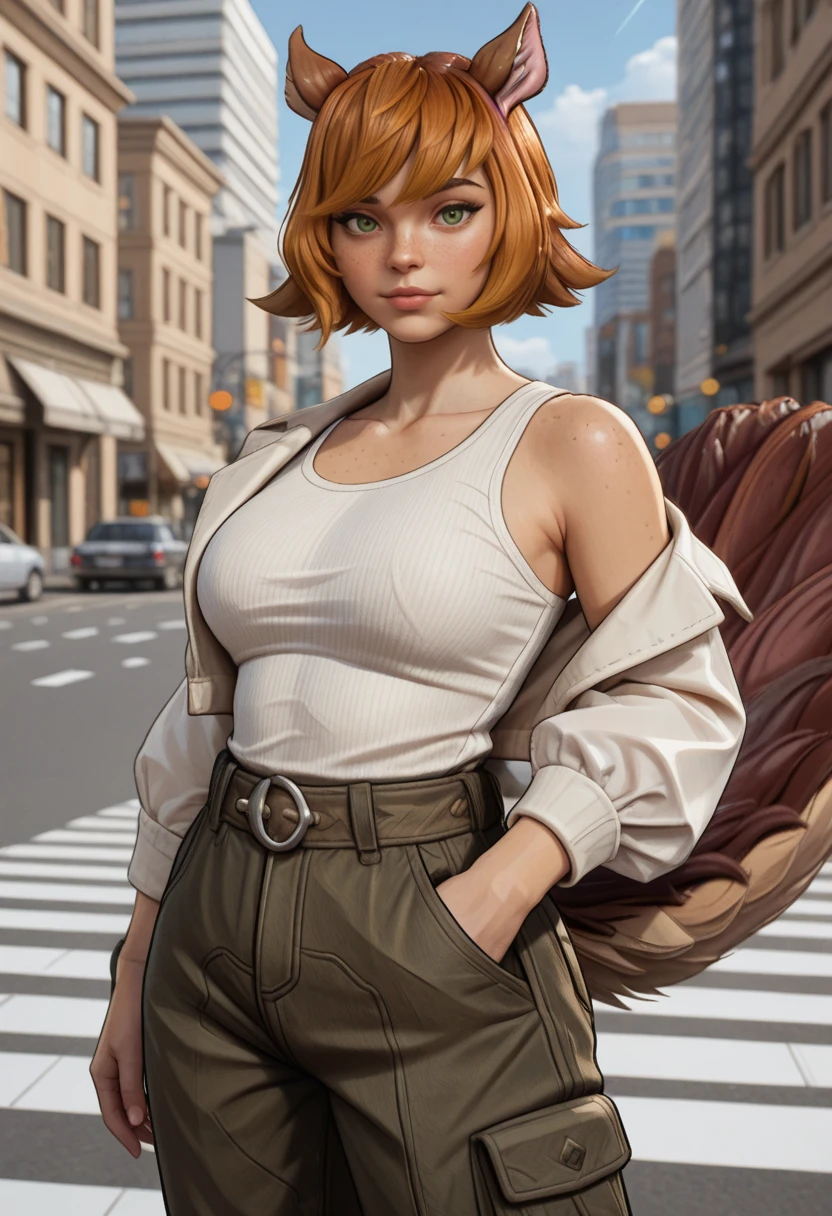 very awa, masterpiece, best quality, absurdres, newest, perfect quality, detailed background, intricate details
<lora:ILMRSqu1rr3lG1rl:1.0>
MRSqu1rr3lG1rl, 1girl, short hair, brown hair, freckles, green eyes, animal ears, squirrel tail, looking at viewer, masterpiece, best quality, absurdres, highres, open linen shirt, white tank top under, cargo pants, one hand in pocket, cowboy shot, standing in crosswalk, urban vibe, blue sky, sunny light, lens flare