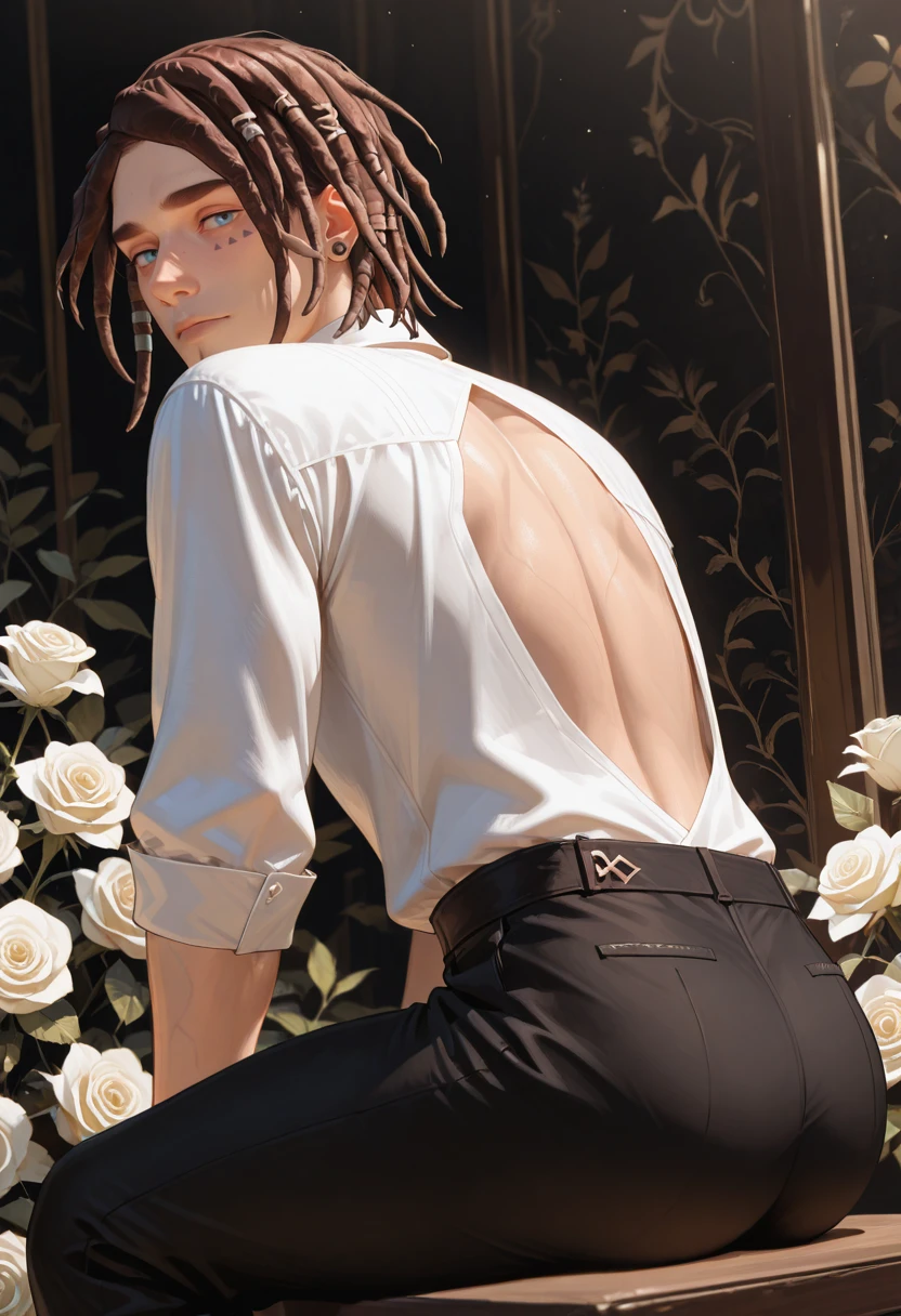 very awa, masterpiece, best quality, absurdres, newest, perfect quality, detailed background, intricate details
<lora:ILLIS2Finn:1.0>
LIS2Finn, 1boy, male focus, dreadlocks, short hair, brown hair, blue eyes, facial mark, hair ornament, ear piercing, looking at viewer, male focus, sits gracefully among white roses, wears a stylish, backless white shirt, highlighting his slender physique, paired with fitted black pants, expression is thoughtful and slightly melancholic, conveying an air of elegance and mystery, soft, floral background enhances the overall aesthetic