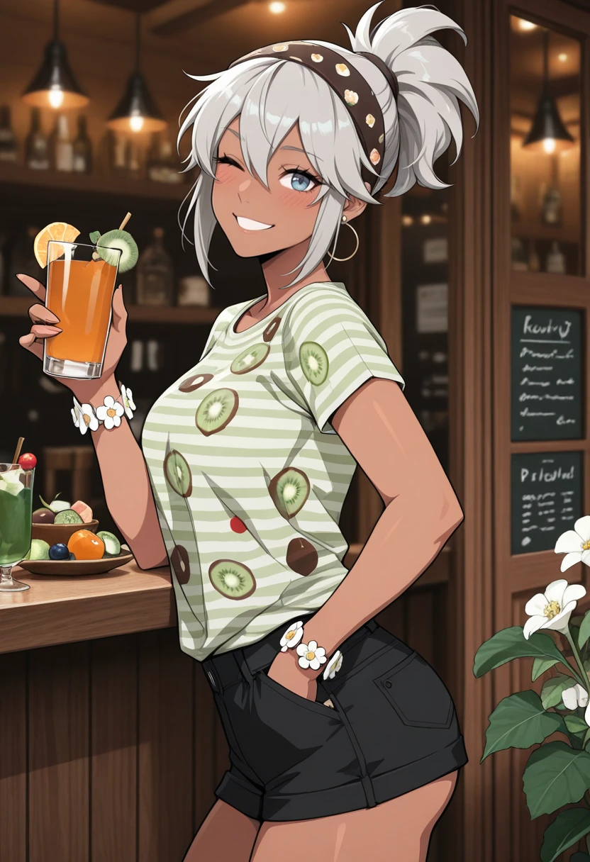 very awa, masterpiece, best quality, absurdres, newest, perfect quality, detailed background, intricate details, solo,
<lora:ILP0k3m0nBe4:1>
P0k3m0nBe4, 1girl, short hair, dark-skinned female, hair between eyes, gray hair, blue eyes, hairband, black shorts, blush, bracelet, cup, earrings, floral print, flower, flower bracelet, food, food print, fruit, green shirt, hand in pocket, holding cup, jewelry, kiwi fruit, kiwi slice, leaf, looking at viewer, one eye closed, ponytail, shirt, short sleeves, shorts, sidelocks, smile, strap, striped clothes, striped shirt, trinkets, white flower