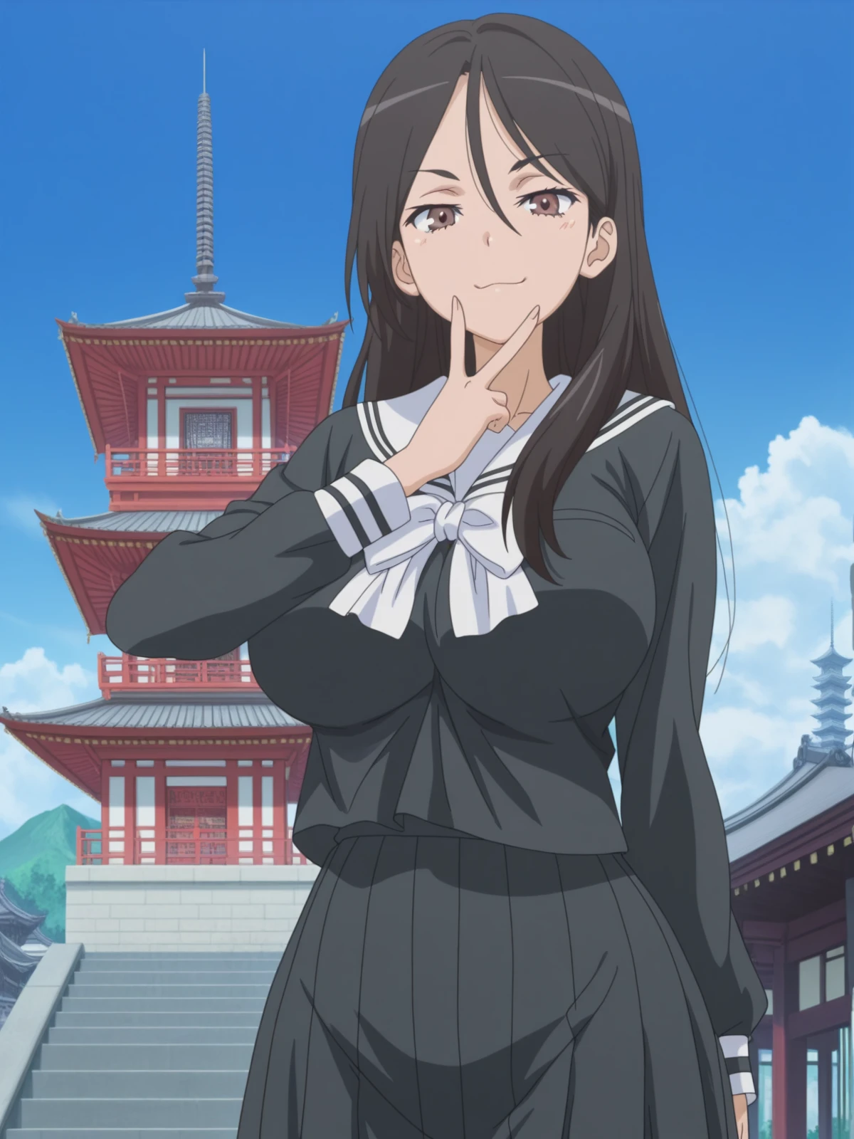 masterpiece, best quality, amazing quality,, <lora:seiri-fukiyose-indexs2-illustriousxl-lora-nochekaiser:1>, seiri fukiyose, long hair, black hair, brown eyes, hair between eyes, mature female, large breasts, anime screencap,, skirt, serafuku, black shirt, black skirt, long sleeves, white bowtie, white sailor collar, v, v over mouth, smug,, pagoda, tall, tiered, Asian, sacred, cowboy shot, solo, looking at viewer,