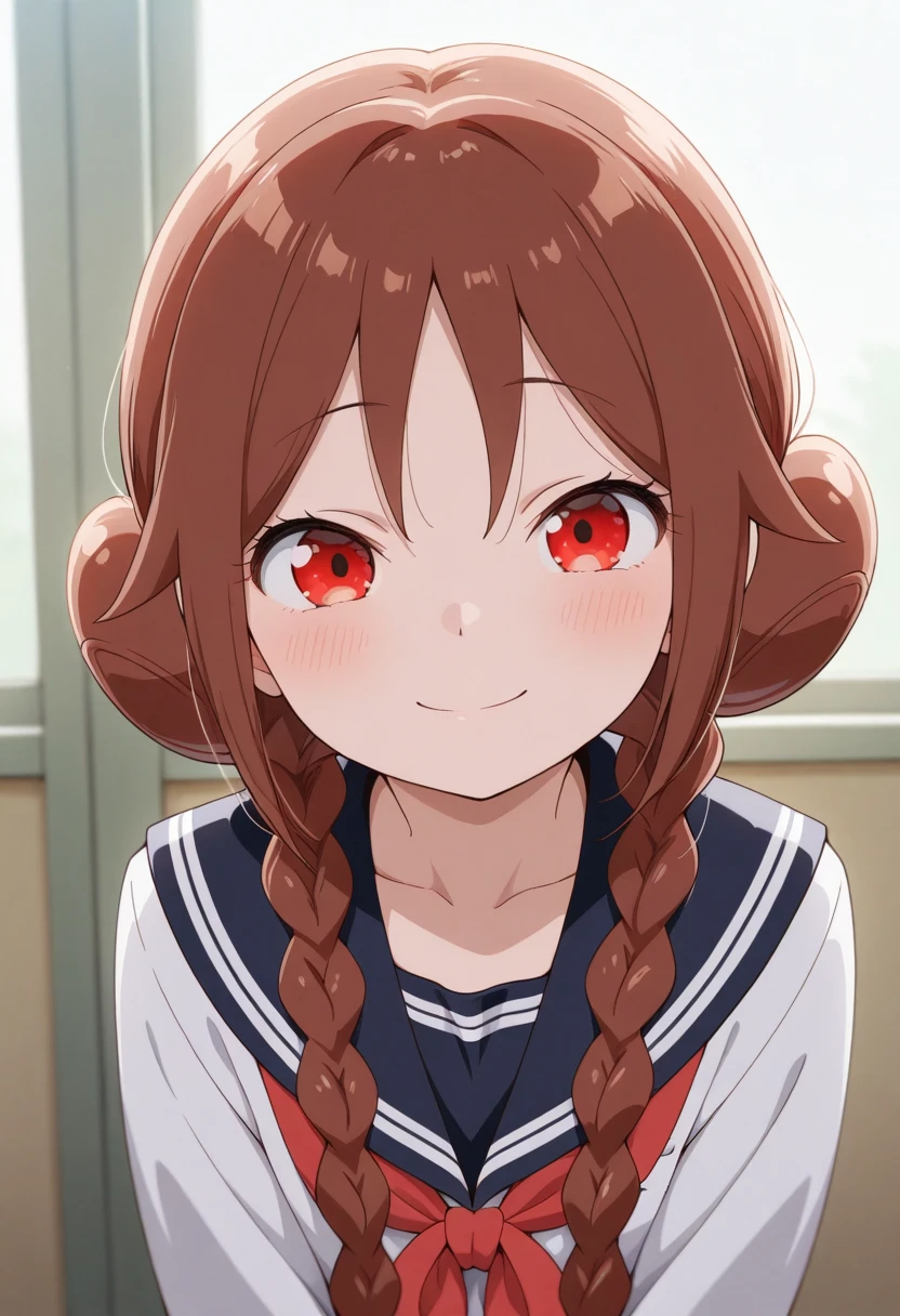 masterpiece,best quality,amazing quality, yuzuki tachibana, 1girl, solo, long hair, looking at viewer, smile, red eyes, school uniform, braid, serafuku, hair bun, twin braids, double bun, brown hair