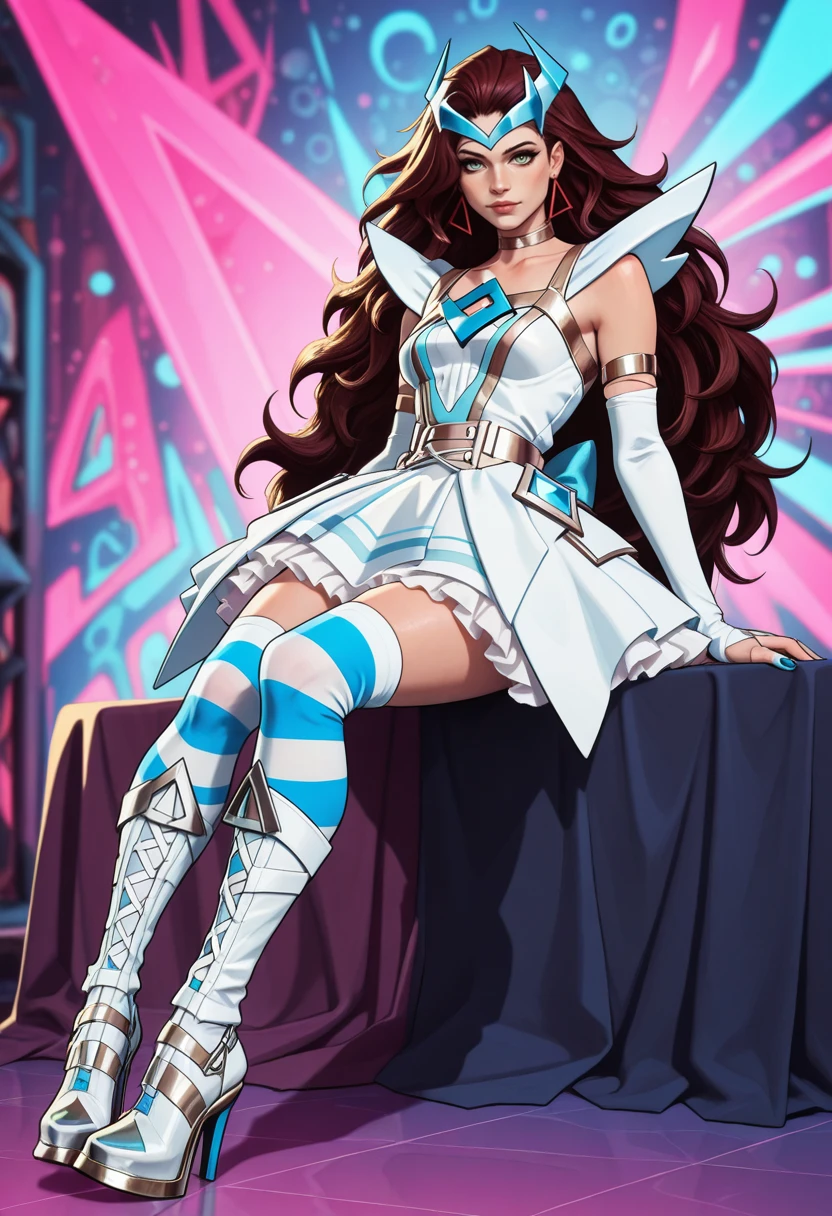 very awa, masterpiece, best quality, absurdres, newest, perfect quality, detailed background, intricate details
<lora:ILMRSc4rl3tW1tch:1>
MRSc4rl3tW1tch, 1girl, long hair, brown hair, green eyes, headpiece, earrings, looking at viewer, depth of field, small chest, wearing a white magical girl dress, one big blue ribbon on hair, glam and punk aesthetics, colorful explosive background, Stocking (from Panty and Stocking by Garterbelt), edgy attitude, striped blue and white thigh-highs, high heels, soft smile