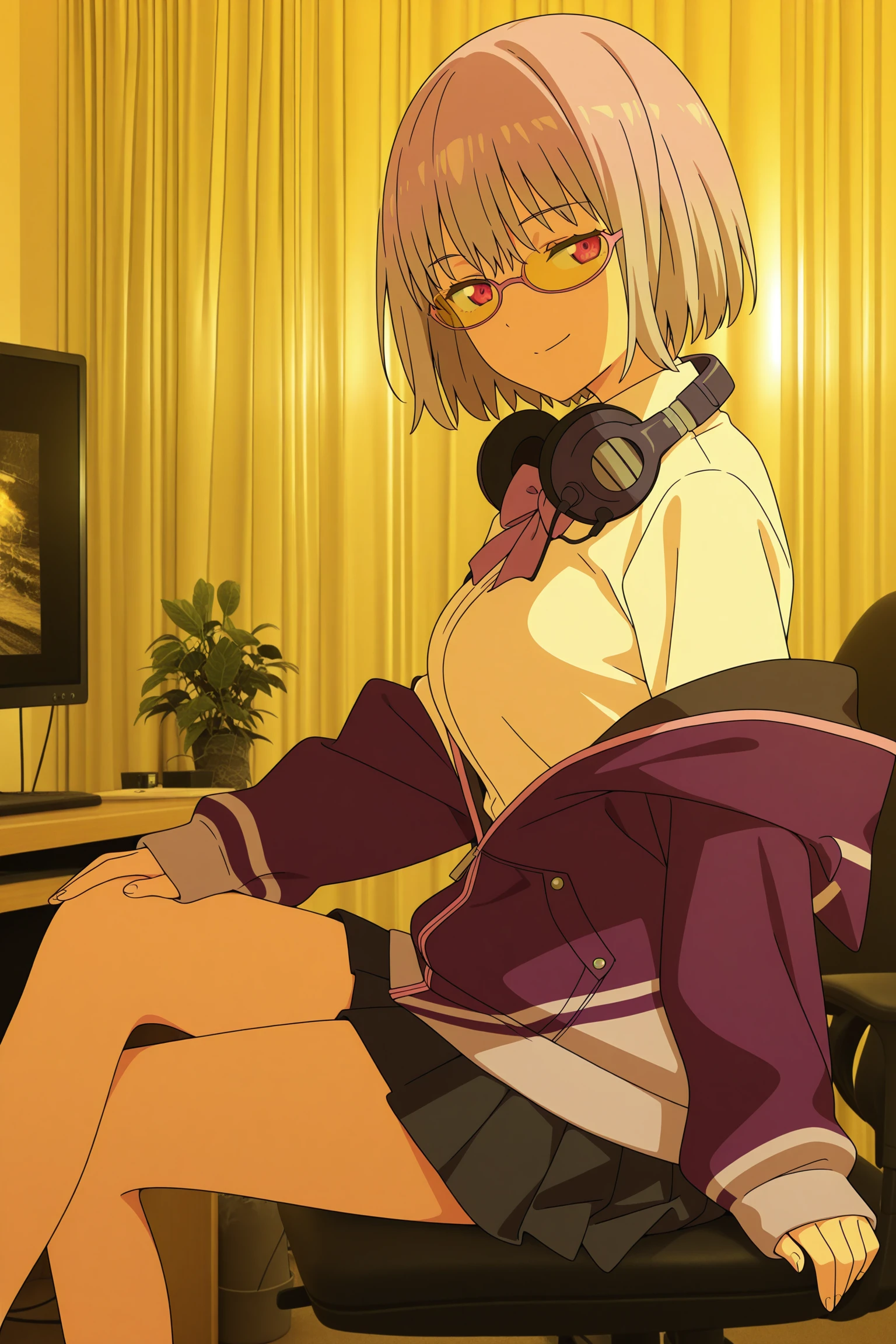 masterpiece, best quality, amazing quality, highres, absurdres, very aesthetic, high resolution, ultra detailed, perfect details, 1girl, solo, indoors, desk, office chair, monitor, (photo background:1.5), shinjo akane, short hair, purple hair, wispy bangs, purple eyes, pink-framed eyewear, yellow-tinted eyewear, under-rim eyewear, broken eyewear, sleeves past wrists, purple jacket, hooded jacket, hood down, jacket partially removed, white shirt, collared shirt, purple bowtie, black skirt, pleated skirt, headphones around neck, <lora:Akane_Shinjo_ILXL:0.8>, aged up, (feet out of frame), looking at viewer, (anime coloring:1.2), sitting, from side, pose, seductive smile, half-closed eyes, (yellow theme:1.2)
