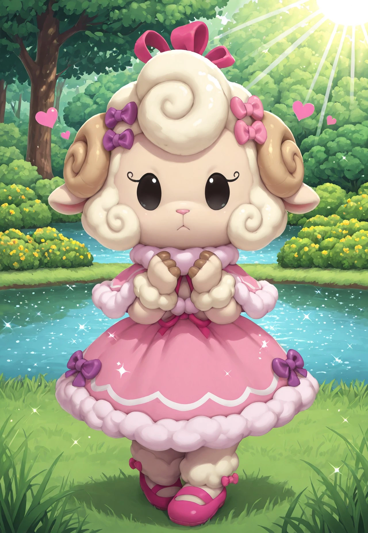 (cutecore, kawaiicore) 1girl, (anthro, furry, furry female) lulubelle, sheep, (light skin, cream fur, bodyfur), light brown sheep horns, hot pink nose, short hair, curly hair, cream hair, big eyes, dot eyes, black eyes, curled eyelashes, hot pink strapless sleeveless dress, white trim, (white trim on hot pink strapless sleeveless dress), pink fur-trimmed ribboned capelet, (fur-trimmed ribboned capelet layered on top of dress), cream fur_trim, bows, too many bows, pink bows, purple bows, blue bow, hair ribbons, hair bow, hot pink shoes, ((verdant greenery, trees, lush bushes, grass, grassy lawn, wildflowers, water, lake, sunlight, sun rays, hearts, sparkles, glitter))
