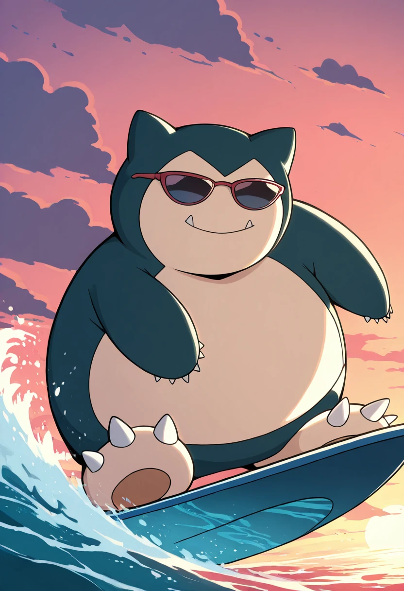 masterpiece, best quality, solo, zzSnorlax, , <lora:SnorlaxPokedex_IXL:1.0>, , solo, smile, surfing, ocean, sunglasses,