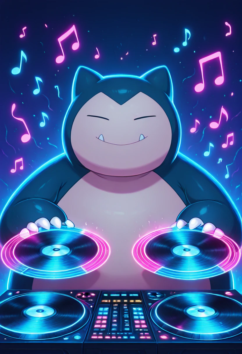 masterpiece, best quality, solo,    zzSnorlax,  , <lora:SnorlaxPokedex_IXL:1.0>, , solo, looking at viewer, smile, AdFF, turntable, blue theme, (music notes, upper body), <lora:AudioFileFuture_IXL_v1:1.0>