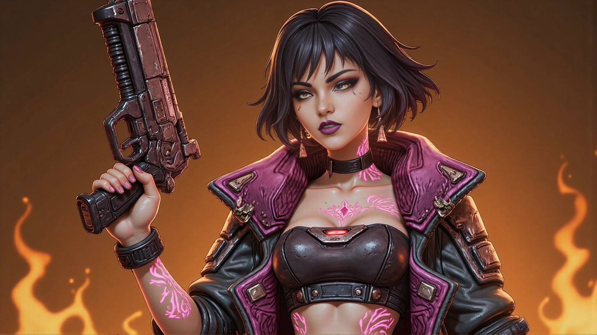 Vex a sexy woman with tattoos on her body and piercings on her face, classic borderlands background with fire. <lora:bl4vex:1.0> vex borderlands,
holding a gun in her hand. She is wearing a cyberpunk-style outfit . She has a determined expression on her face, as if she is ready to take on any challenge.
Vex is fighting and we see her whole body, breast and heels.
Vex a woman in a black and purple outfit