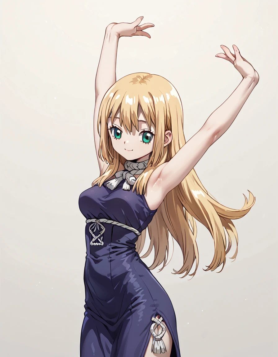 score_9, score_8_up, score_7_up, DrStone_Ruri, standing, stretching arms upward, soft smile