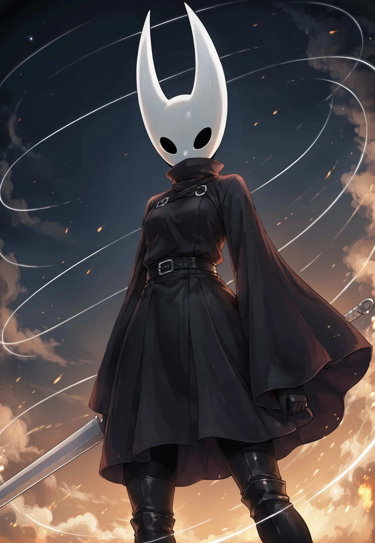 H0r1et, 1girl, mask, low  angle, sword, 