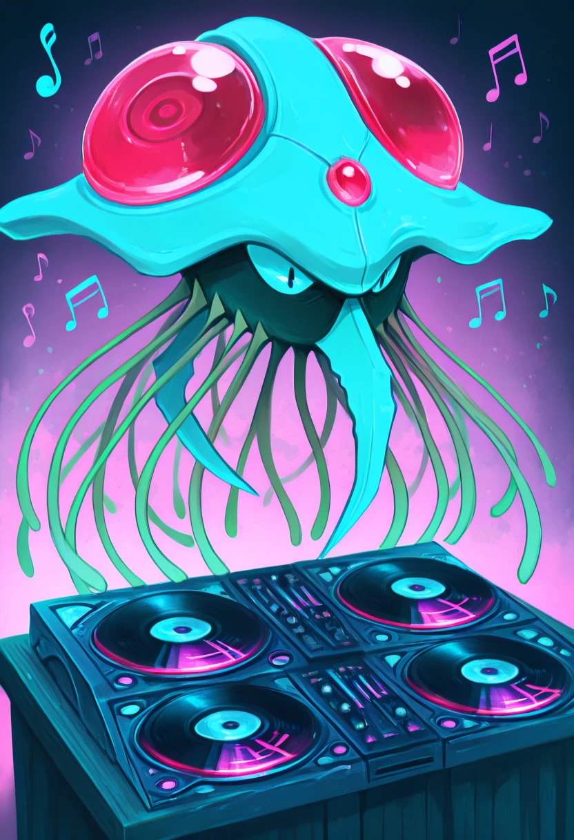 masterpiece, best quality, solo,    zzTentacruel,   <lora:TentacruelPokedex_IXL:1.0>,      AdFF, turntable, (music notes), <lora:AudioFileFuture_IXL_v1:1.0>