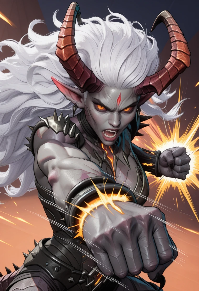 very awa, masterpiece, best quality, absurdres, newest, perfect quality, detailed background, intricate details
<lora:ILMRM4gik:1.0>
MRM4gik, 1girl, long hair, white hair, messy hair, colored sclera, orange eyes, dragon horns, demon girl, pointy ears, gray skin, action pose, ((motion line, punching, hitting viewer, focus punch, straight jab))