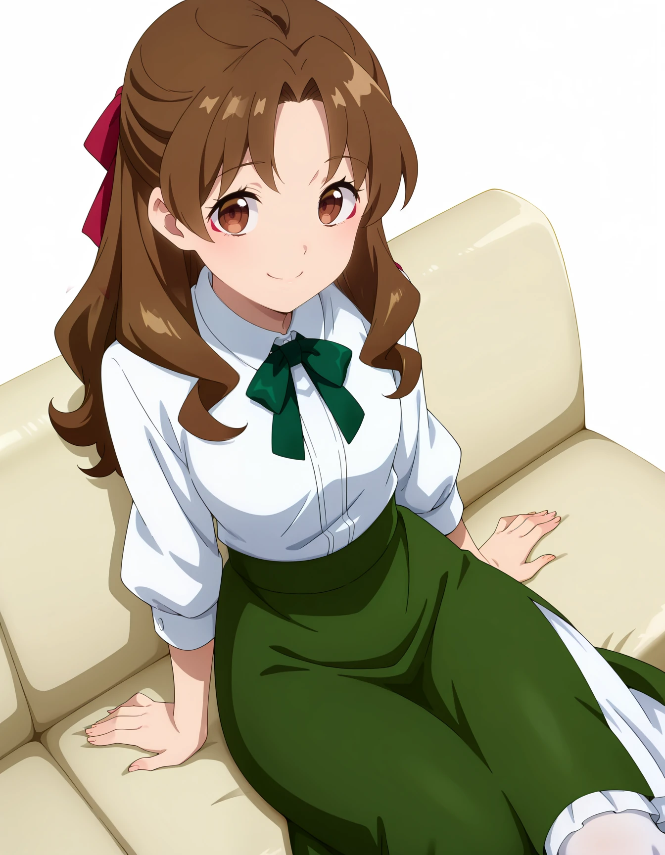 highres,very detailed,amazing quality,very aesthetic,anime screencap,
1girl,smile,solo,looking at viewer,dutch angle,foreshortening,sitting sofa,cowboy shot,from above,(simple background,white background:1.2),wide shot,
<lora:FLIAW_Clacasse 1:0.8>
brown eyes,red eyeshadow,parted bangs,brown hair,long hair,half updo,red hairribbon,
white blouse,green bow,green long skirt,white petticoat,side slit,(white thighhighs:0.6),