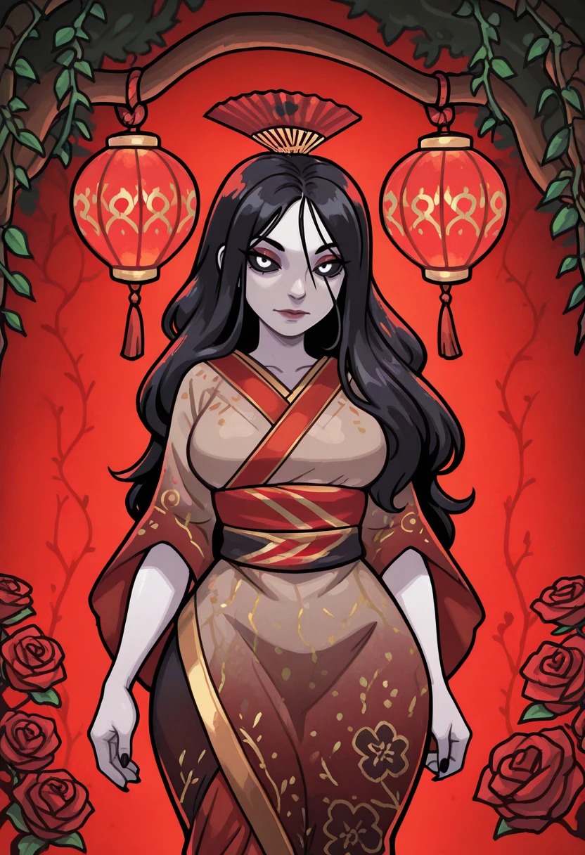 very awa, masterpiece, best quality, absurdres, newest, perfect quality, detailed background, intricate details
<lora:ILSm2Izanami:1.0>
Sm2Izanami, 1girl, black hair, long hair, black sclera, white eyes, pale skin, looking at viewer, dressed in a traditional, ornate black and red kimono adorned with intricate gold patterns and red roses, with red flowers in their hair, background is filled with numerous red lanterns hanging from the trees, creating a festive and serene atmosphere, lanterns are intricately designed, adding to the traditional aesthetic of the setting, serene expression and the warm lighting enhance the tranquil and culturally rich environment