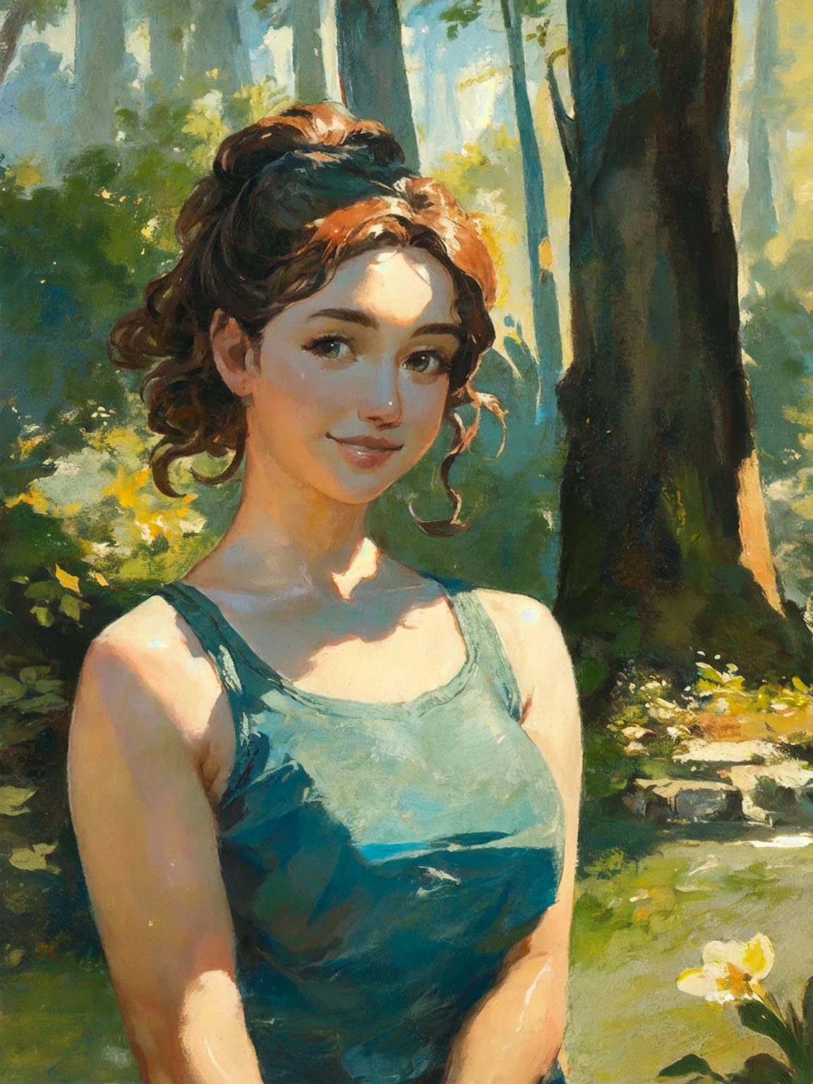 oil painting, traditional medium, score_9, score_8_up, score_7_up, rating_safe, 1girl, solo, smile, sleeveless shirt, nature, canvas texture