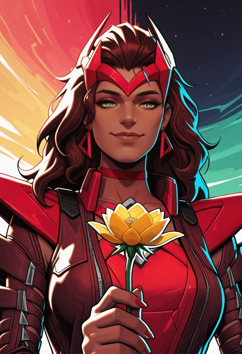 very awa, masterpiece, best quality, absurdres, newest, perfect quality, detailed background, intricate details
<lora:ILMRSc4rl3tW1tch:1>
MRSc4rl3tW1tch, 1girl, long hair, brown hair, green eyes, headpiece, earrings, looking at viewer, looking at viewer, charming smile, holding flower, chupa chups, upper body, from below, back lighting, dark, multicolored background