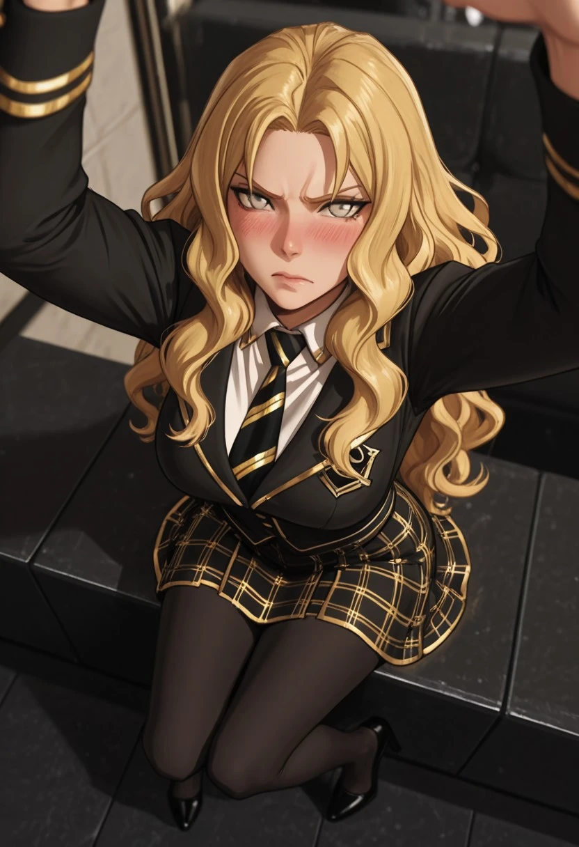 (QUALITY: score_9, score_8_up, score_7_up, score_6_up, high_quality, highres, detailed_eyes, beautiful, detailed, masterpiece, best quality, absurdres, 8k))
(CHARACTER: 1girl, leona eristas, blonde hair, (silver eyes:1.3), long hair, wavy hair)
(EXPRESSION: shy, tsundere, blushing)
(CLOTHING: renisce university uniforms, shirt skirt, white shirt, black blazer, gold trim, black-golden striped tie, golden-black plaid skirt, long black stocking, black high heels)
(POSE: dynamic, sitting)
(PERSPECTIVE: dynamic angle, view from above)
(SETTING: random blurry)