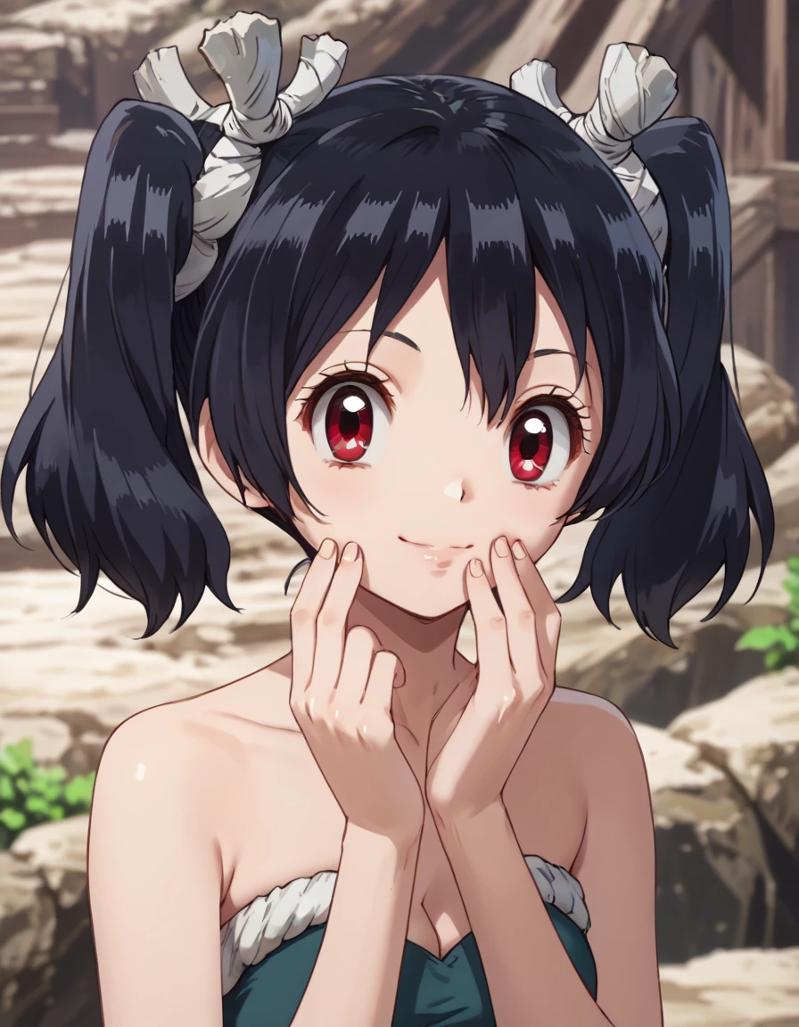 score_9, score_8_up, score_7_up, DrStone_Ruby, portrait, hand on chin, thoughtful, soft smile