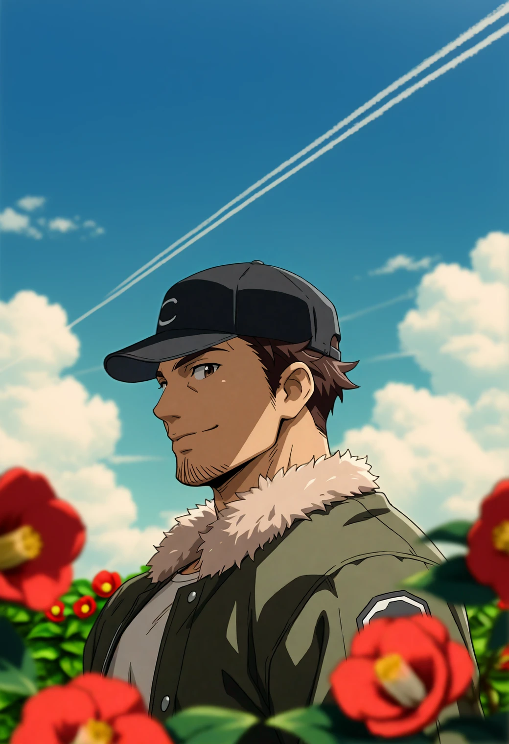 masterpiece,best quality,
(anime screencap:0.7),
1boy,bara,
m1ch1t4k4,brown hair,short hair,brown eyes,goatee stubble,
fur-trimmed jacket,baseball cap,open jacket,
from side,looking at viewer,smile,
upper body,
negative space,
outdoors,day,blue sky,cloud,contrail,
scenery,camellia,blurry foreground,
depth of field,atmospheric perspective,blurry background,
<lora:michitaka_lh_NAI_EPS_1_1_CAME_v1_rev1:1>,âââ,âââ
