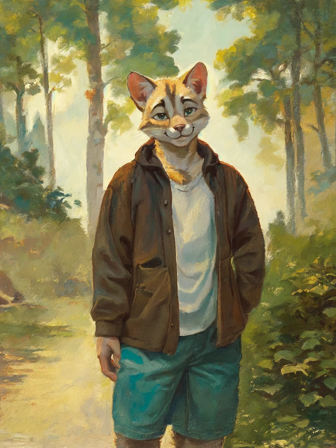 oil painting, traditional medium, score_9, score_8_up, score_7_up, rating_safe, cowboy shot, 1cat_boy, solo, smile, furry, nature, canvas texture, source_furry