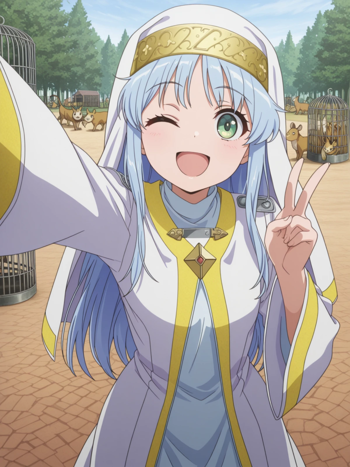 masterpiece, best quality, amazing quality,, <lora:index-librorum-prohibitorum-indexs2-illustriousxl-lora-nochekaiser:1>, index librorum prohibitorum, green eyes, blue hair, long hair, anime screencap, habit, long sleeves, nun, robe, white robe, wide sleeves,, <lora:selfie-illustriousxl-lora-nochekaiser:1>, selfie, arm up, foreshortening, looking at viewer, outstretched arm, v, hand up, reaching, reaching towards viewer, smile, one eye closed, open mouth,, zoo, animals, cages, visitors, park, cowboy shot, solo, looking at viewer,