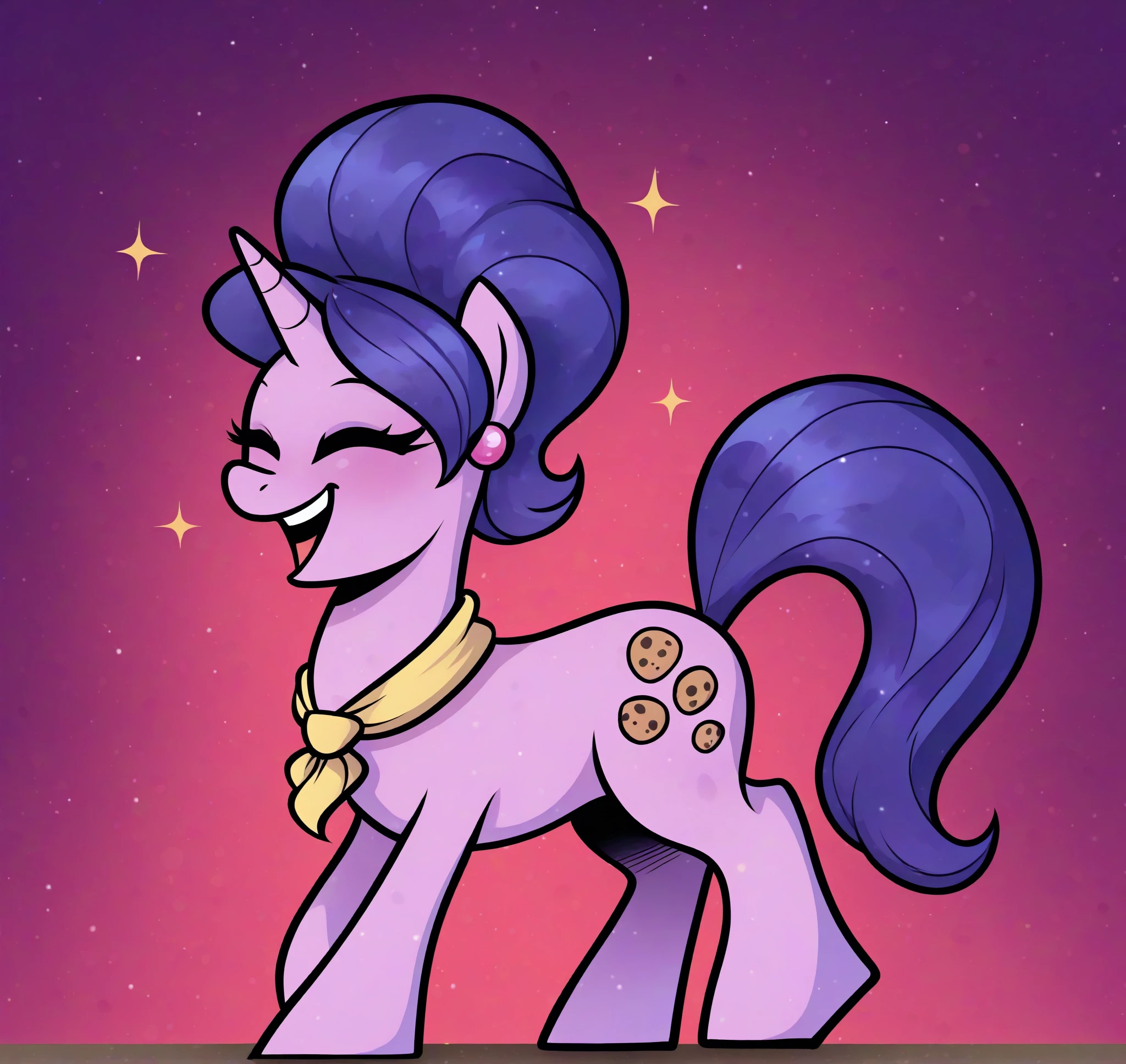 <lora:Cookie_Crumbles_MLP_Character:0.7> cookie crumbles \(mlp\), hasbro, equine, pony,  quadruped, unicorn, furry female, blue eyes, purple hair, ascot, neckerchief, earring, BREAK detailed background, at appeloosa, side view, from side, joyful, laughing, lower back focus